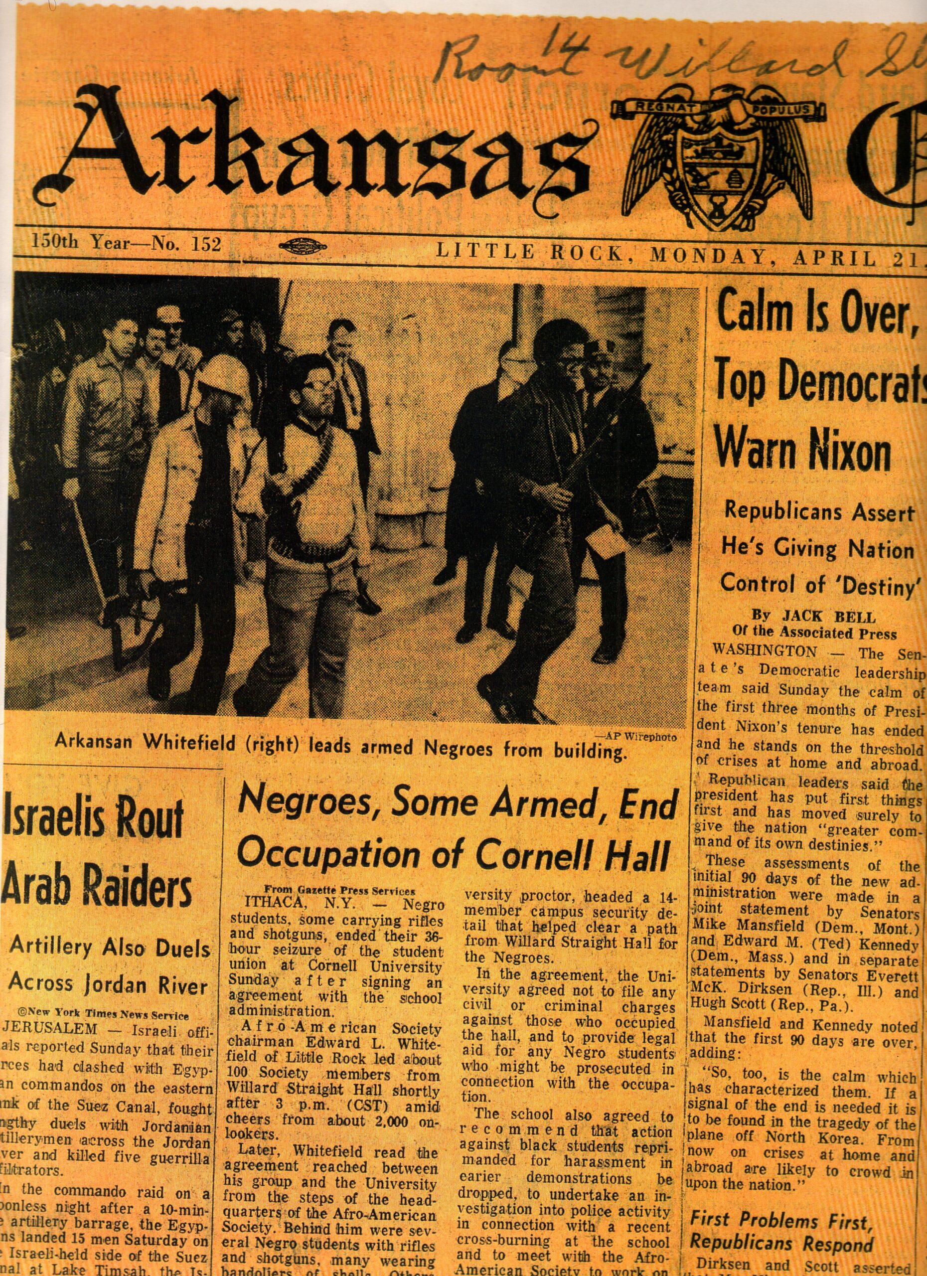 A clipping of a paper from Arkansas that describes the Willard Straight occupation in Ithaca, NY 1969