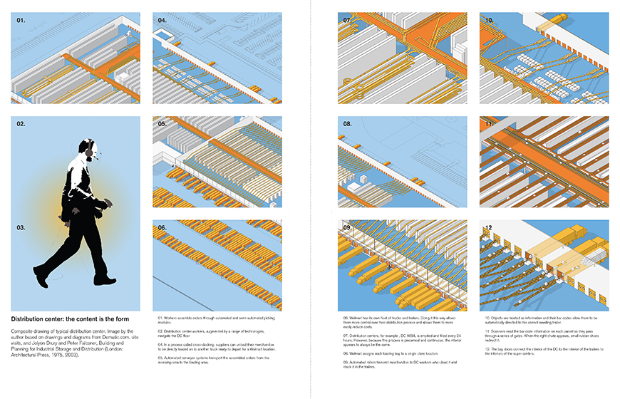 A collage of light blue and orange shapes and a person walking.