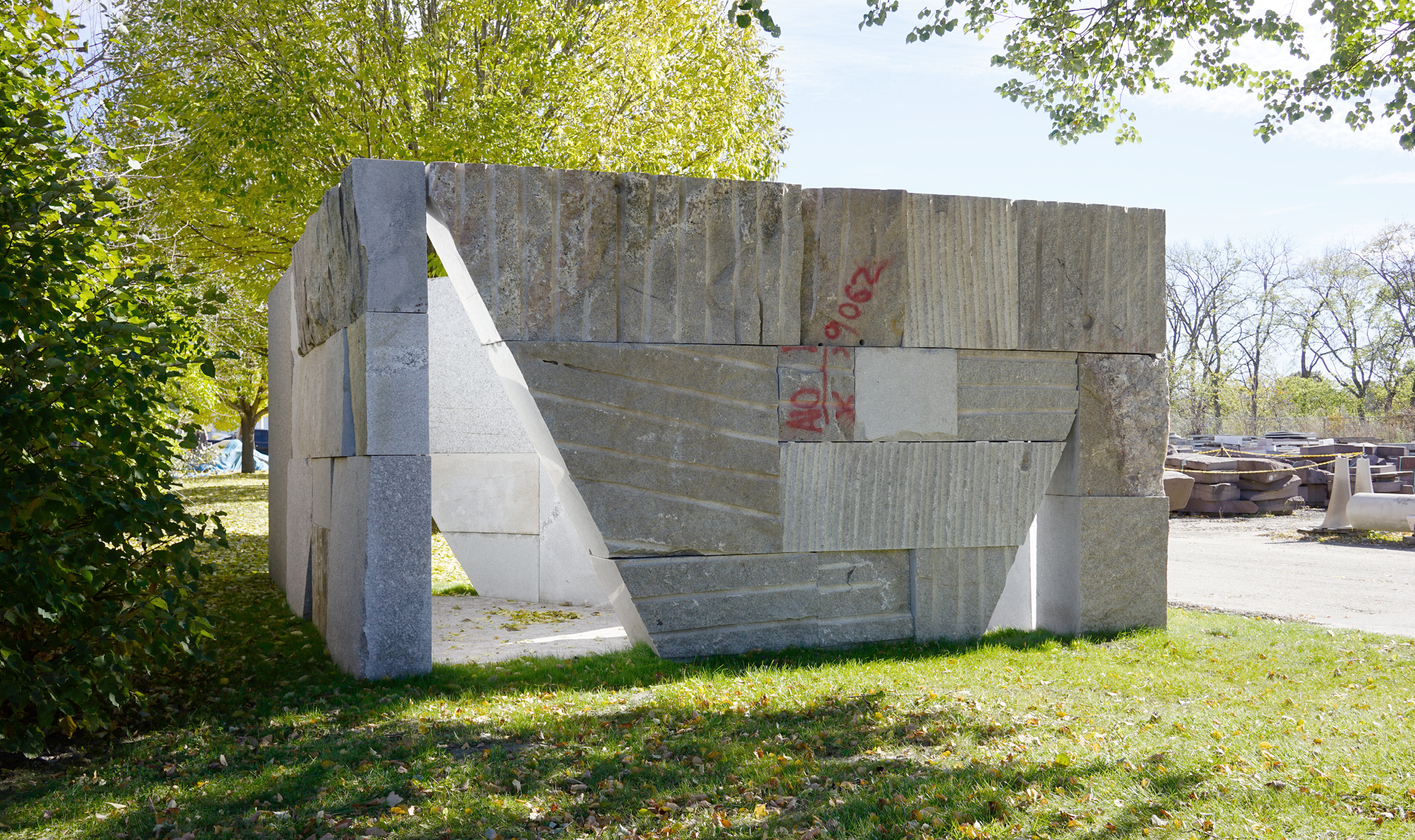 large stone sculpture with sharp cut edges