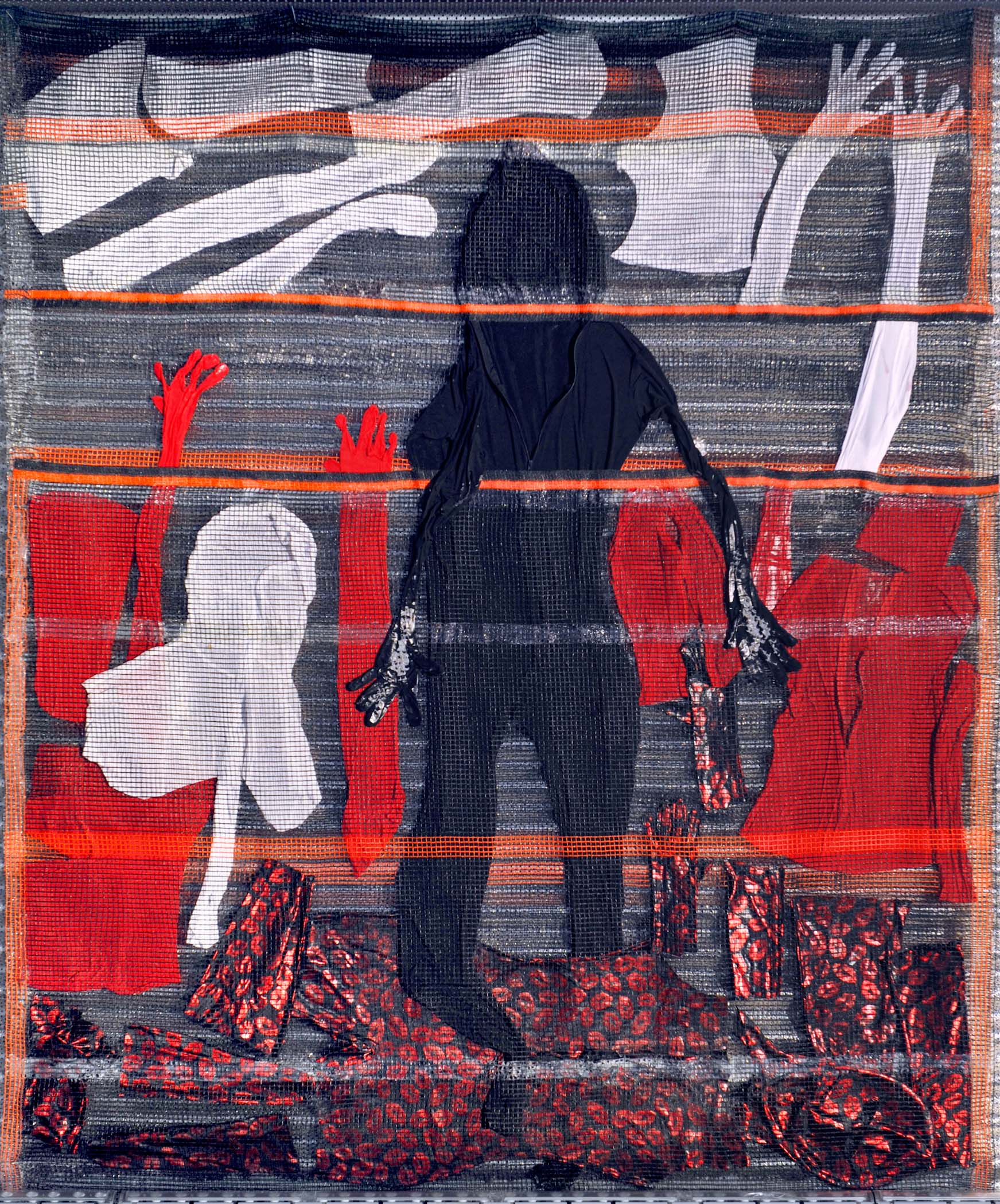 A dark abstract figure standing with different layers of dark red, white, and grey fabric.