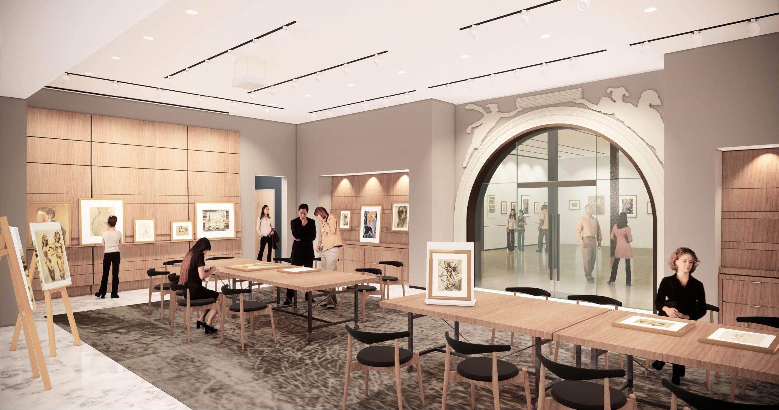 Rendering of a room with tables and prints