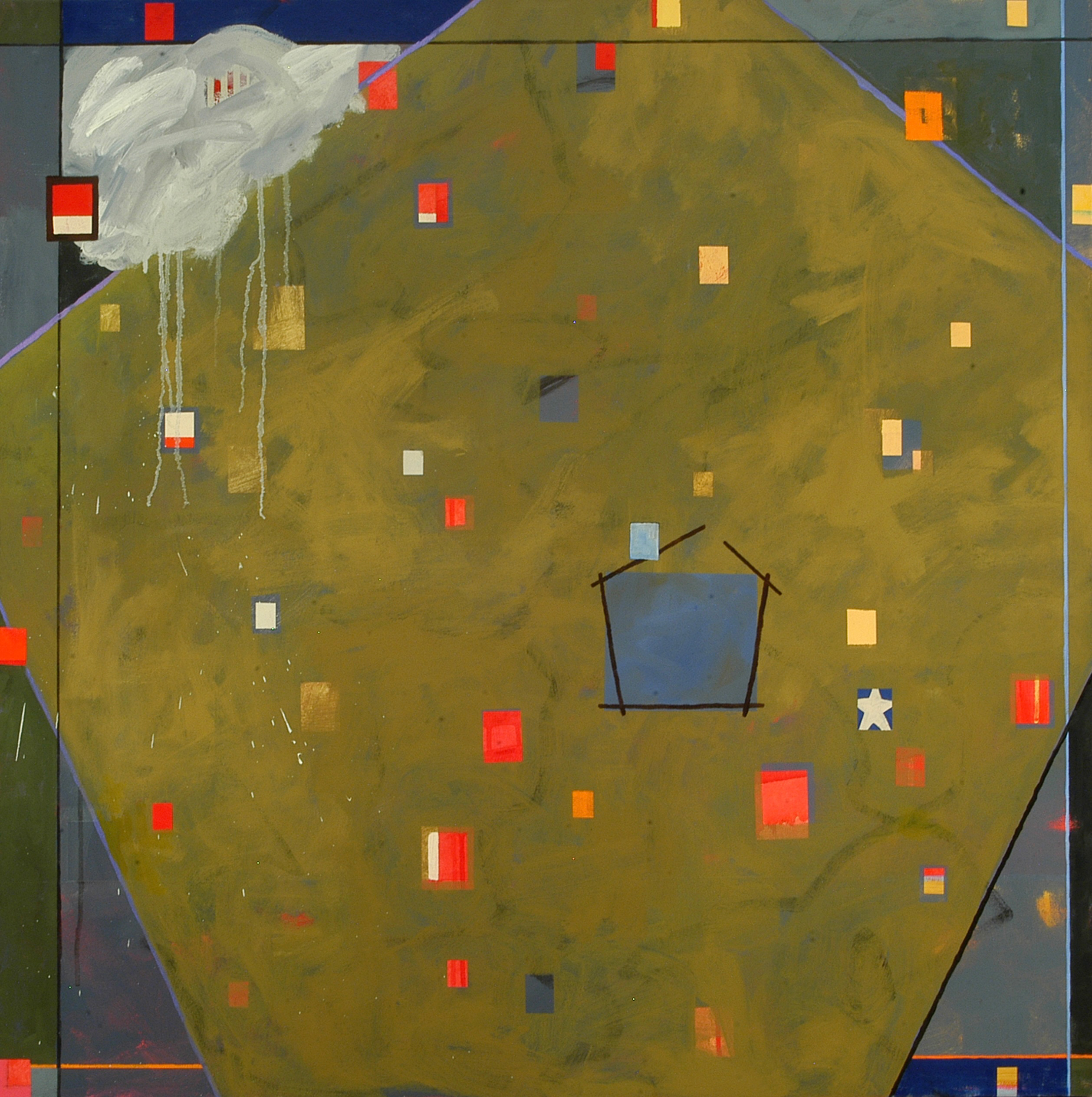 An olive green pentagon forms the basis of this painting, as red, orange, and yellow rectangles rain down over the composition.