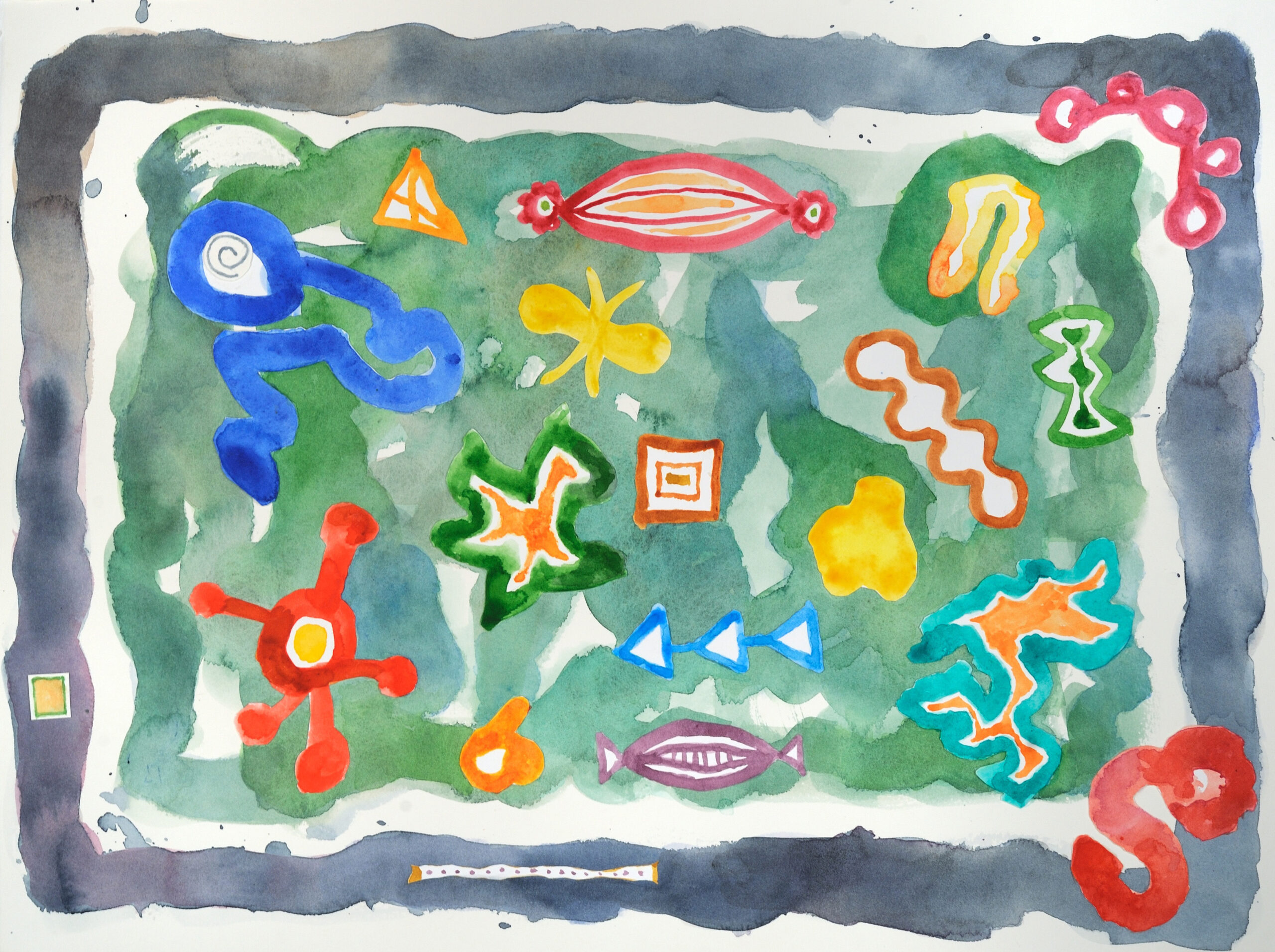 A layered watercolor painting depicts colorful abstract shapes on top of a green background surrounded by a white frame and then an outer blueish-black frame.