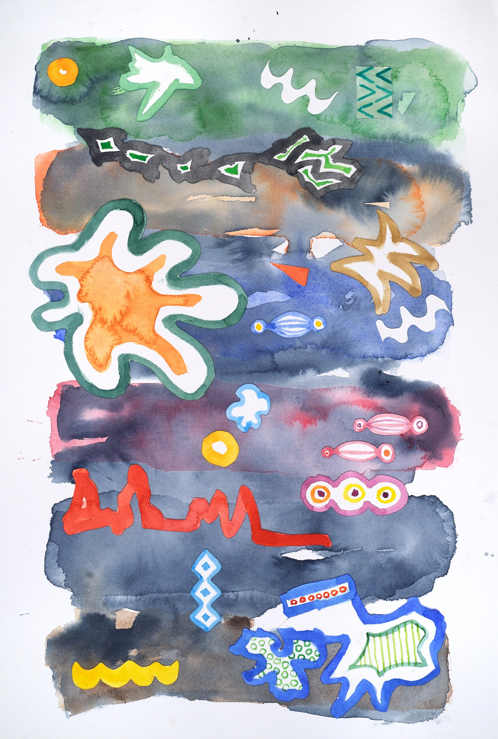 Horizontal bands of color form a background to organic shapes.