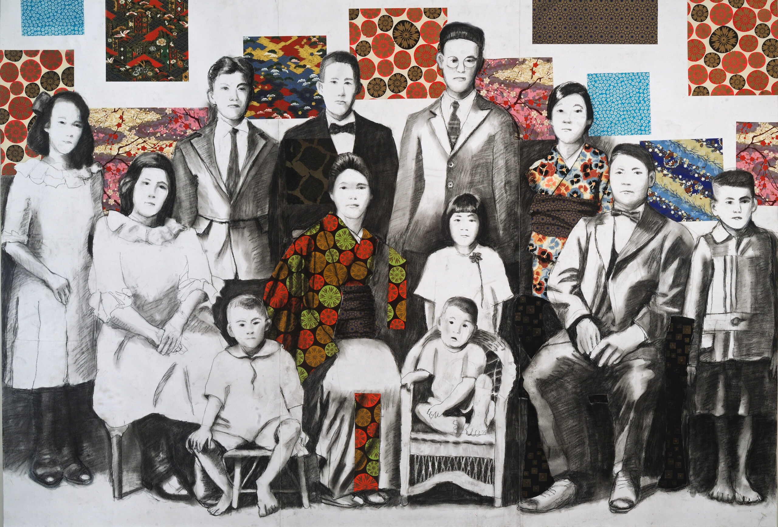Charcoal portrait of a family. Two of the women were authentic, patterned clothing, painted in color. Rectangles with colorful patterns cover the wall behind the family.