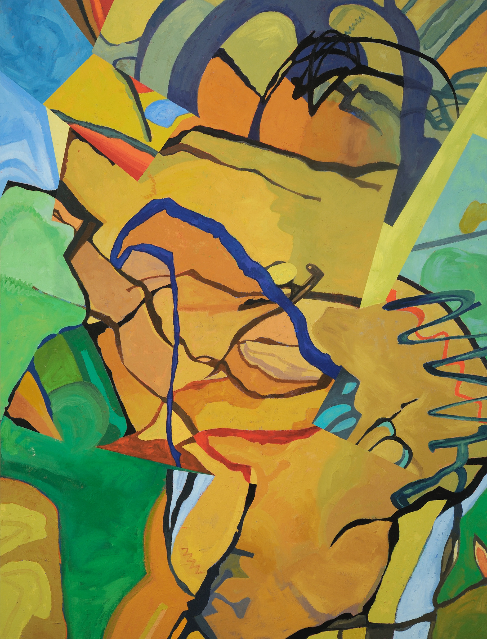 Abstract painting dominated with large areas in shades of yellow and orange.