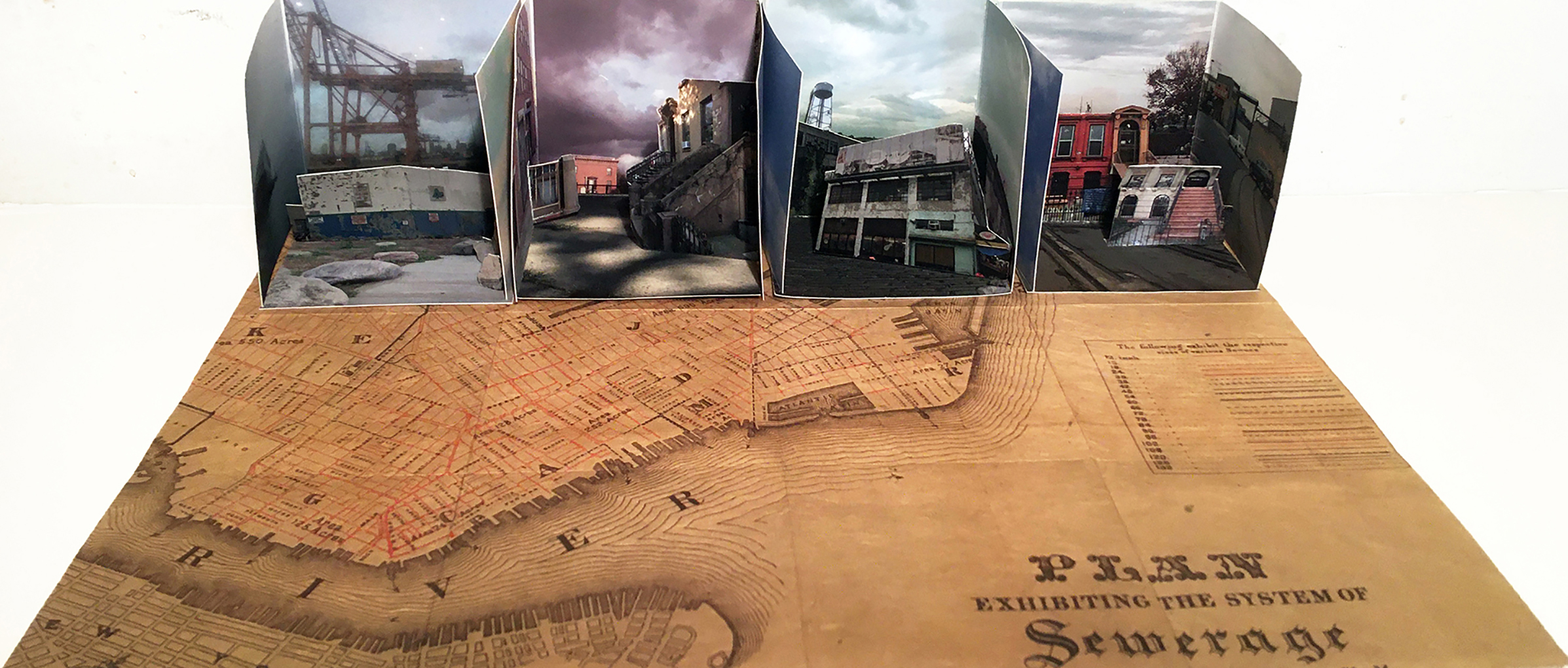 Digitally printed artist’s book showing a sewage map from the Brooklyn Waterfront along Buttermilk Channel.