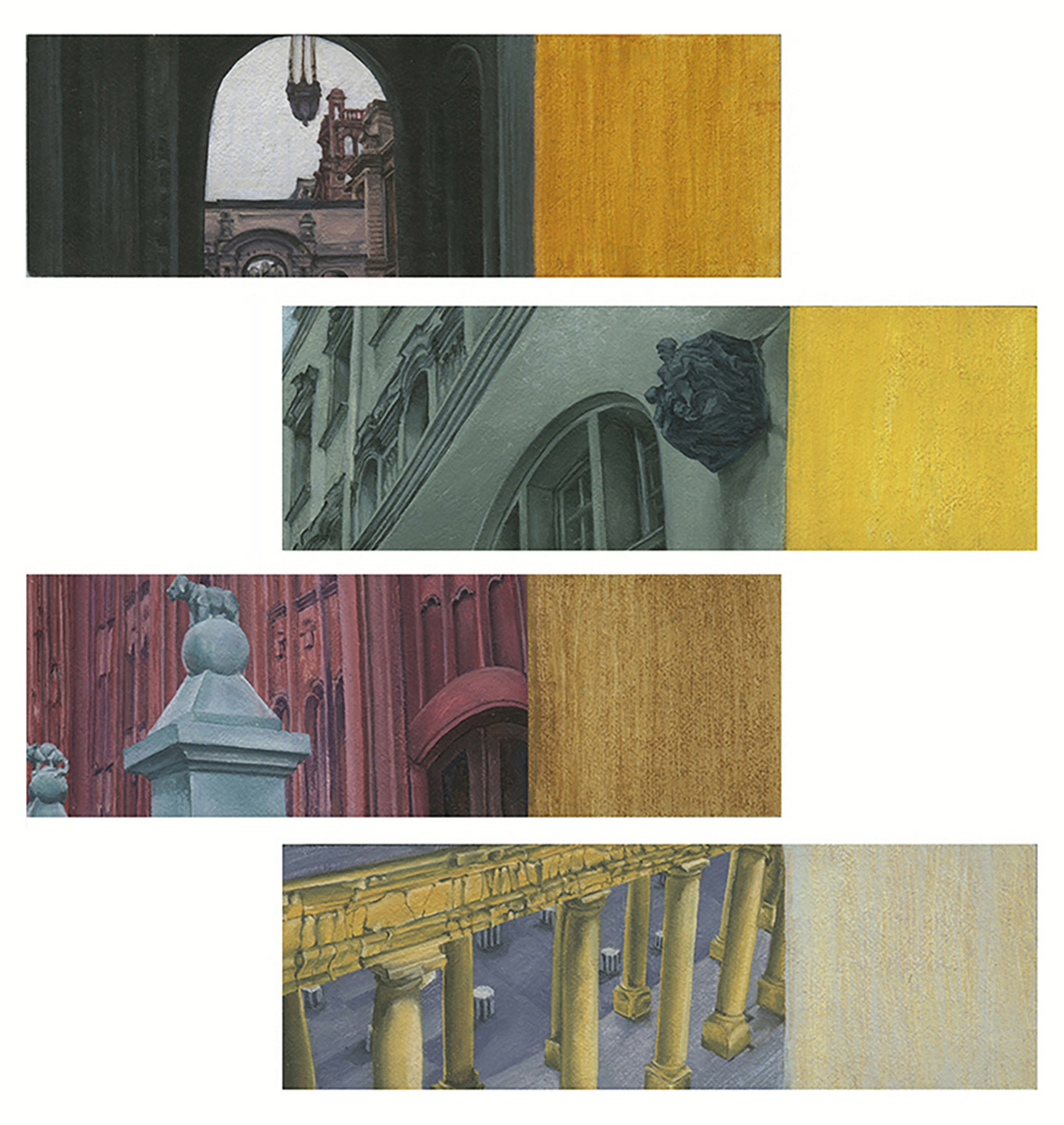Four paintings depicting composite architectural imagery in heightened color placed side by side with transparent neutral color.