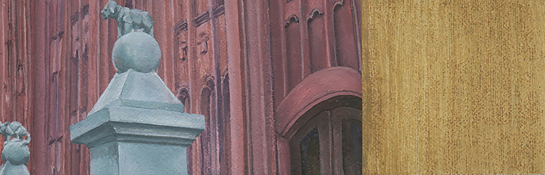A rectangular panel depicts a sculpture of a dog on top of a pillar watching over the entrance to a red building. A buff yellow-covered square occupies the right side of the panel.