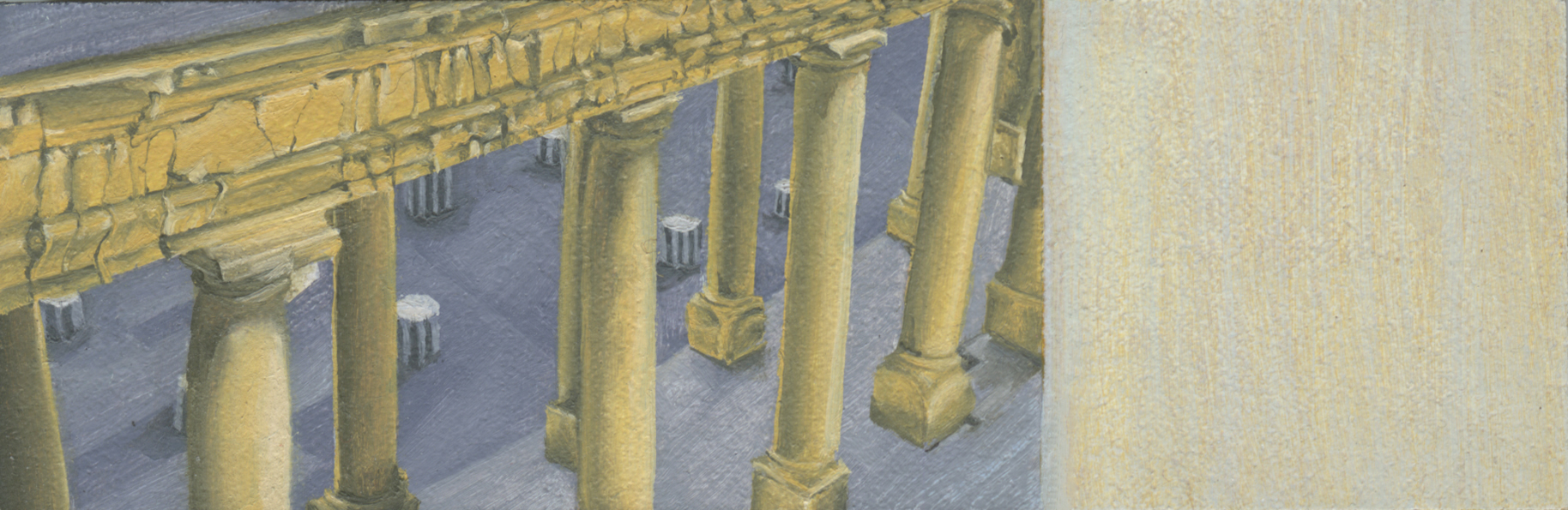 A rectangular panel depicts yellow architectural columns over a gray background. A pale yellow and gray square occupies the right side of the panel.