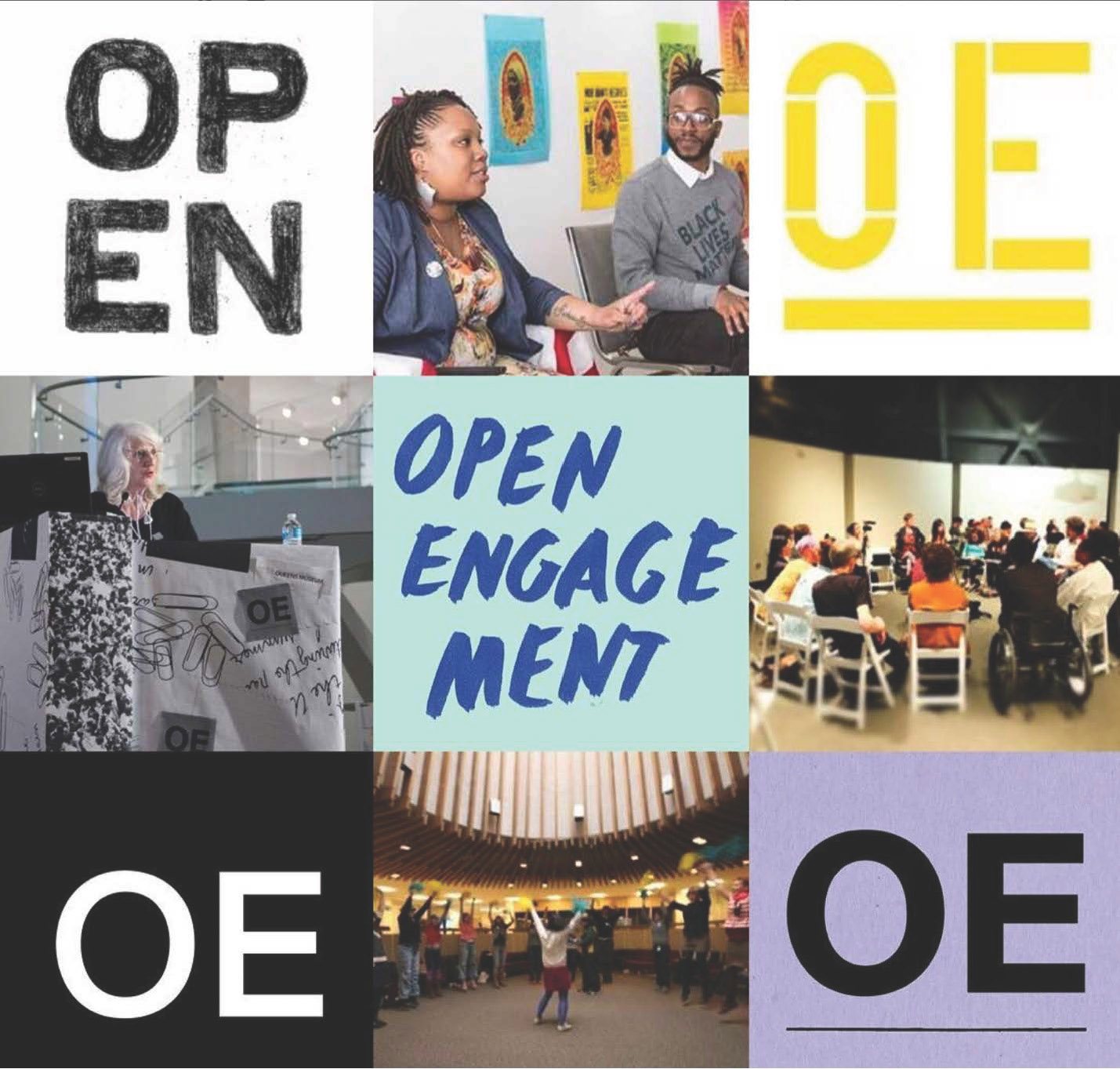 Nine image squares with photos of people talking combined with the text OE, OPEN, and OPEN ENGAGEMENT.