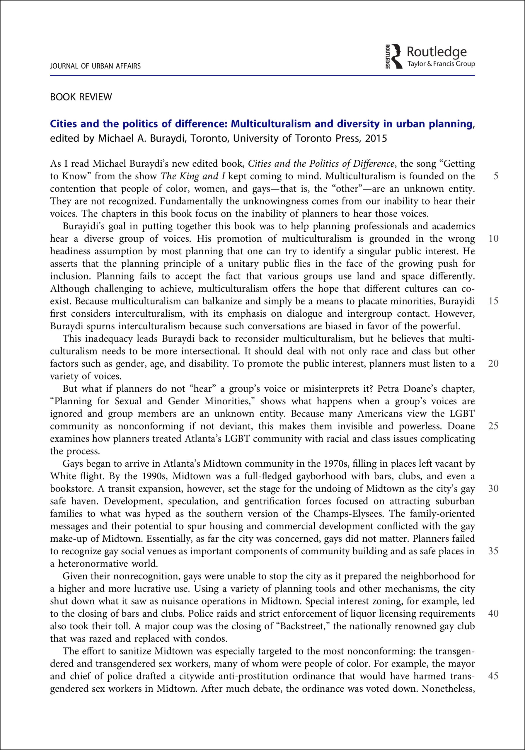 First page of book review of Cities and the Politics of Difference