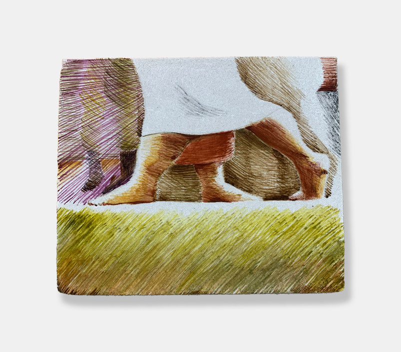 Sketch of various people's feet in motion on a scratched green surface.