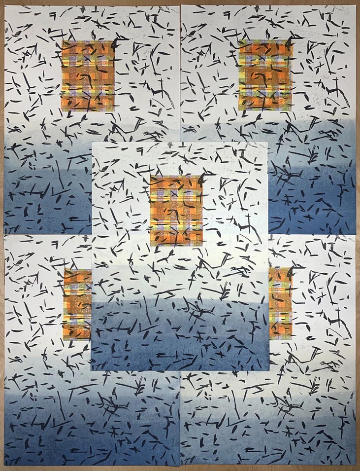 Five different panels of black specks over a faded blue gray background with a smaller checkered rectangle in the upper middle of each panel.