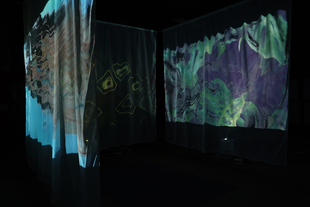 A film plays on projector screen featuring green plants