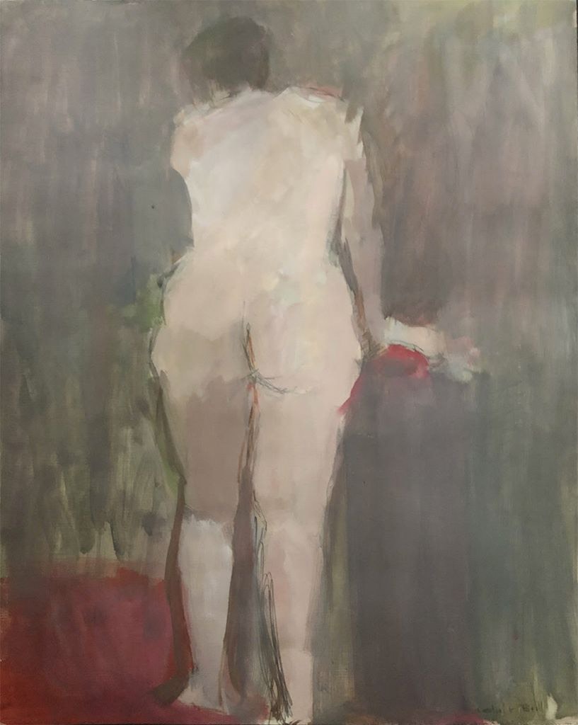 Artwork depicting the backside of a nude woman, done in acrylic and pencil