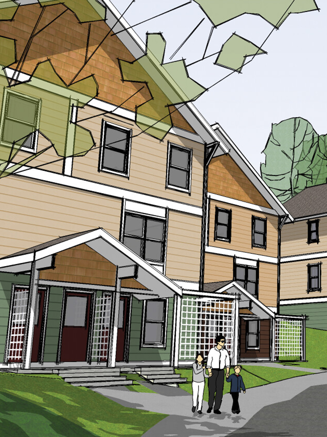 Illustration of a man going for a walk with his daughter and son in a residential neighborhood.