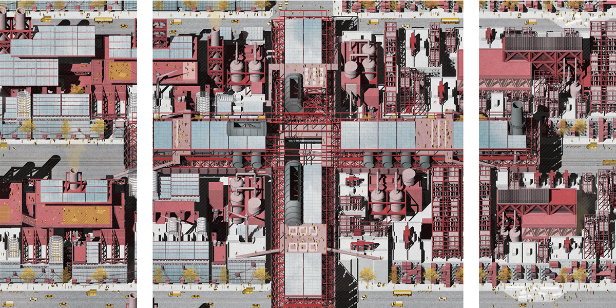 Red and grey industrial illustration