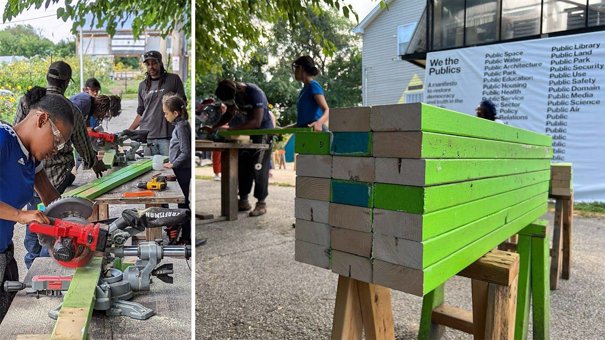 Students cutting up 2x4s