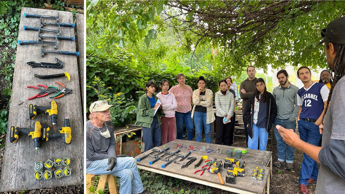 Students being instructed on the use of basic power tools