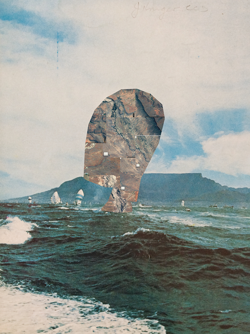 Collage of vintage photos. A background of a blue/green sea and blue sky with white clouds is overlaid with an abstract cutout of an aerial map view.