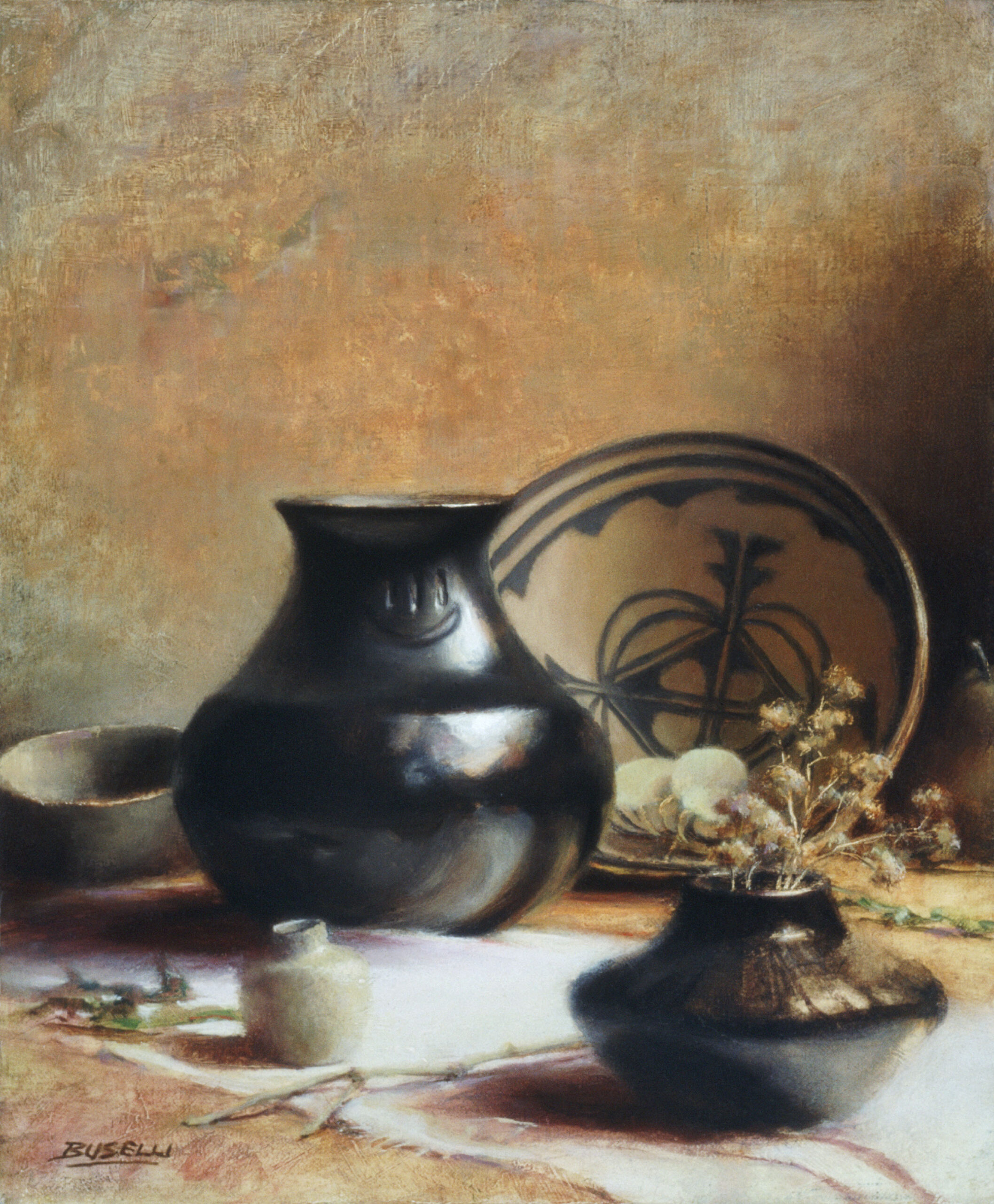 Still life painting of a black vase set in the center, surrounded by smaller vases and bowls.