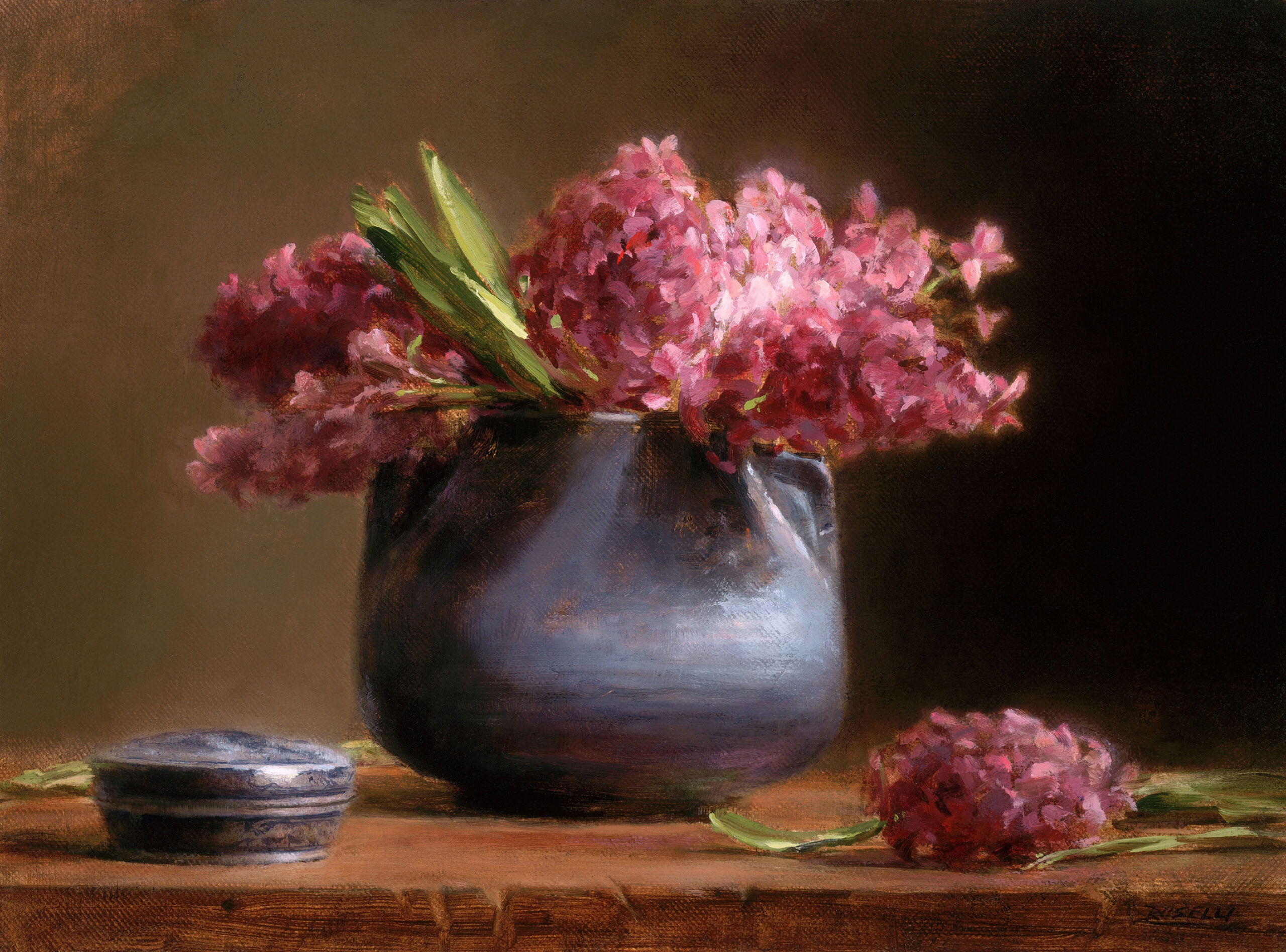 Oil on linen painting of pink hyacinth flowers in a dark pot on top of a wooden table.