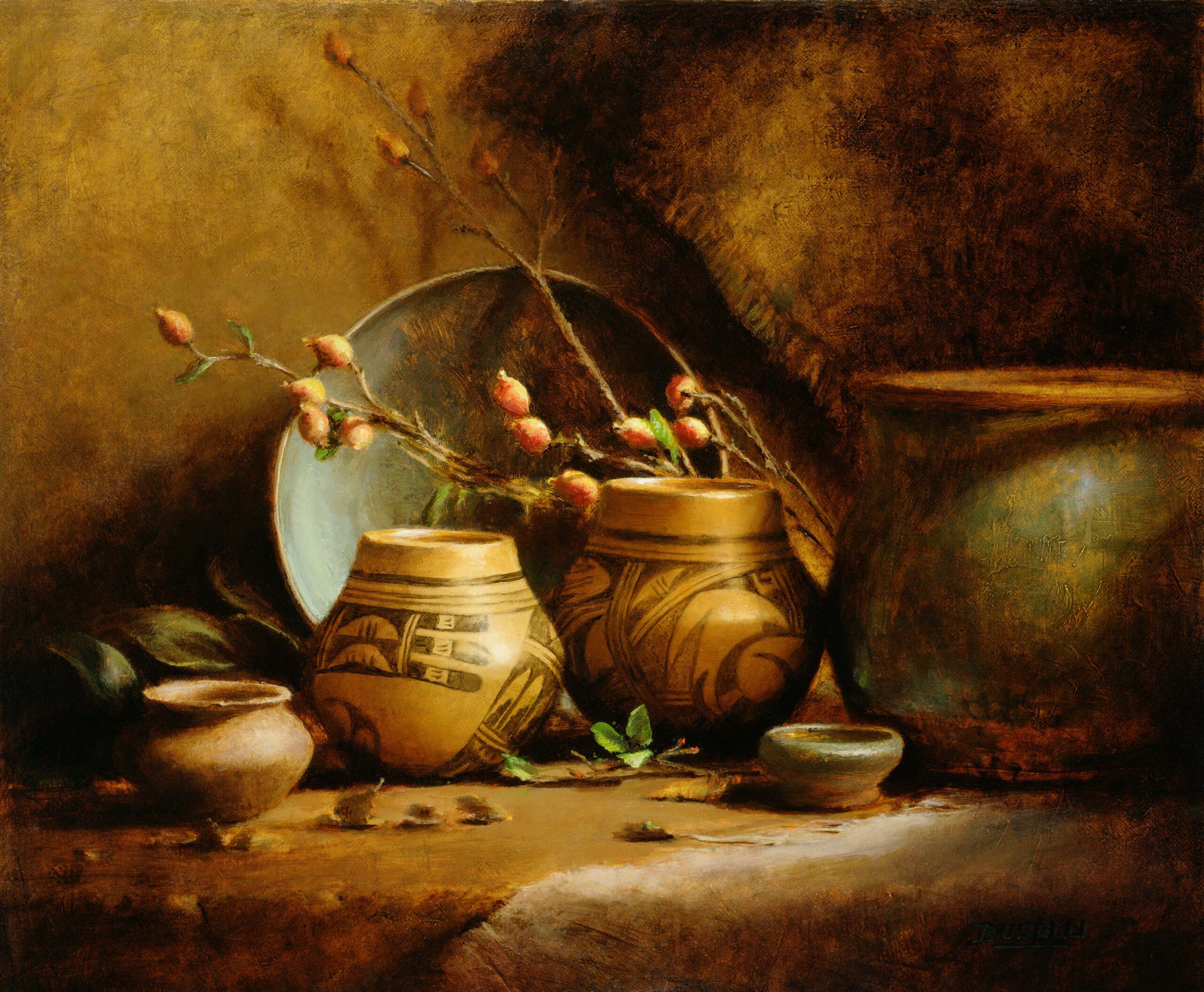 Southwestern vases sit at the center of a still life painting, surrounded by flower stems, some stray leaves, and other small bowls.