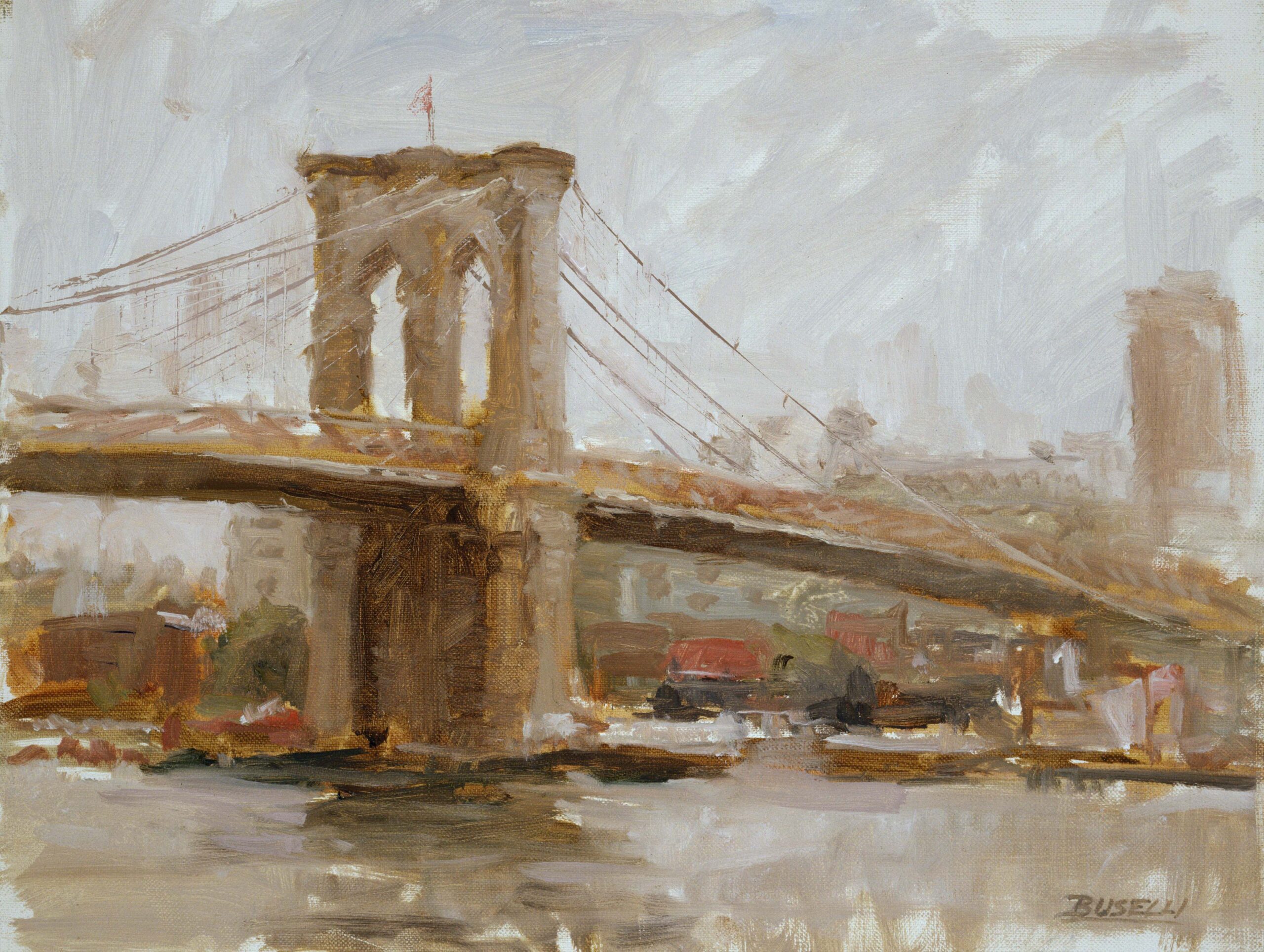 Tan-toned painting of the Brooklyn Bridge.