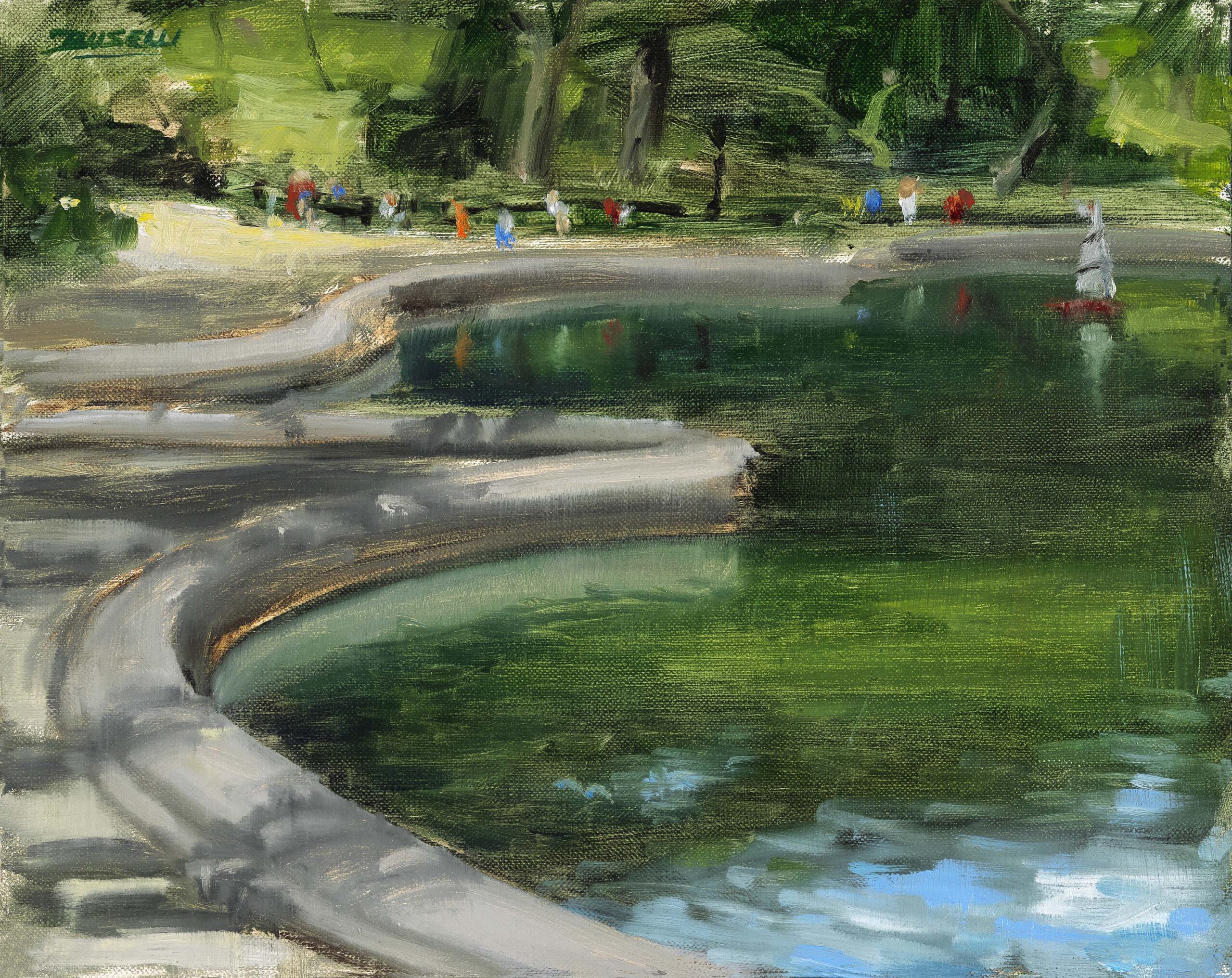 Painting of a pond reflecting the surrounding green trees.