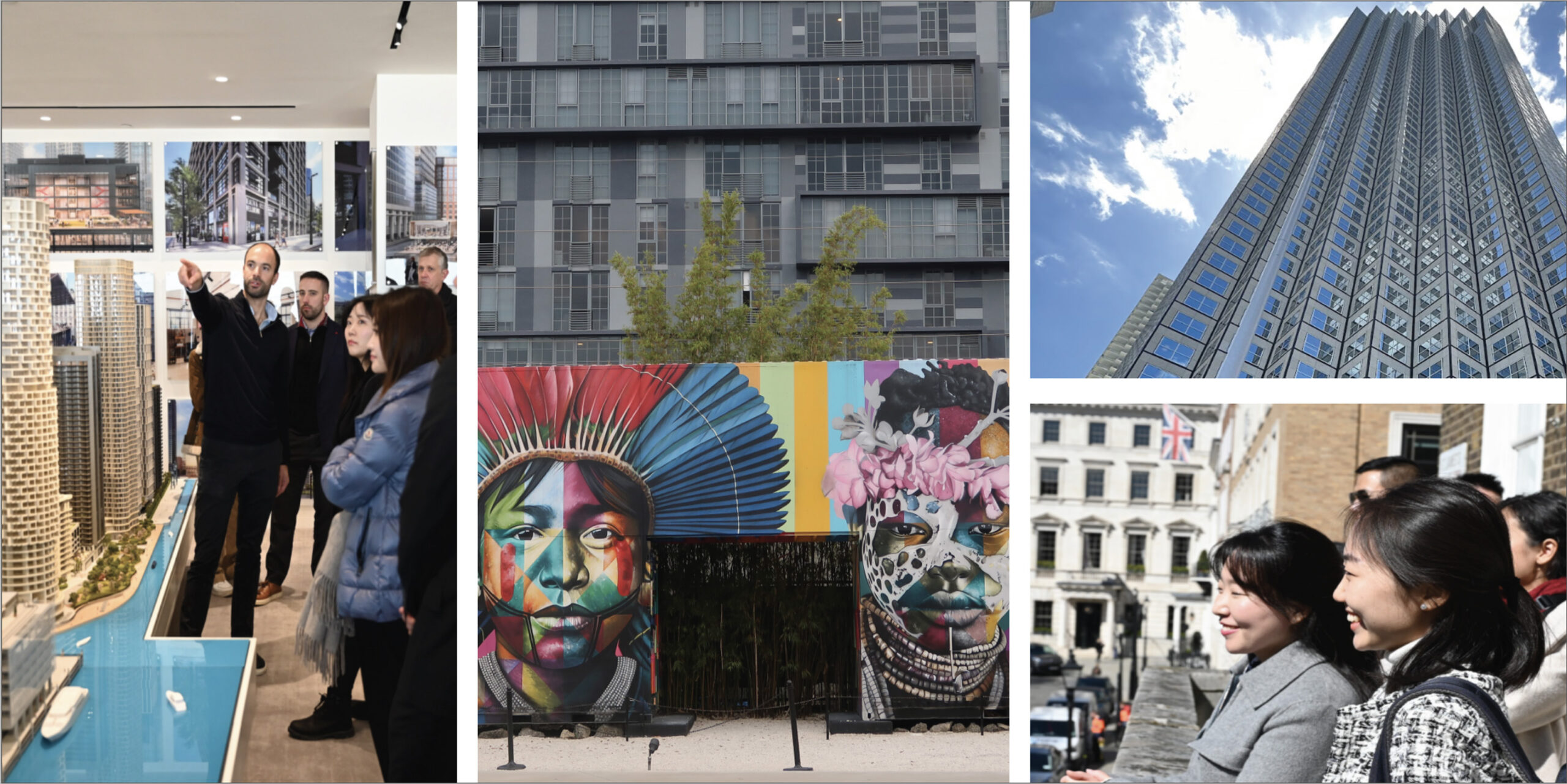 From left: A man presents model buildings while a group watches, an urban building facade with two murals, a view up at a skyscraper, two people smiling looking over a balcony