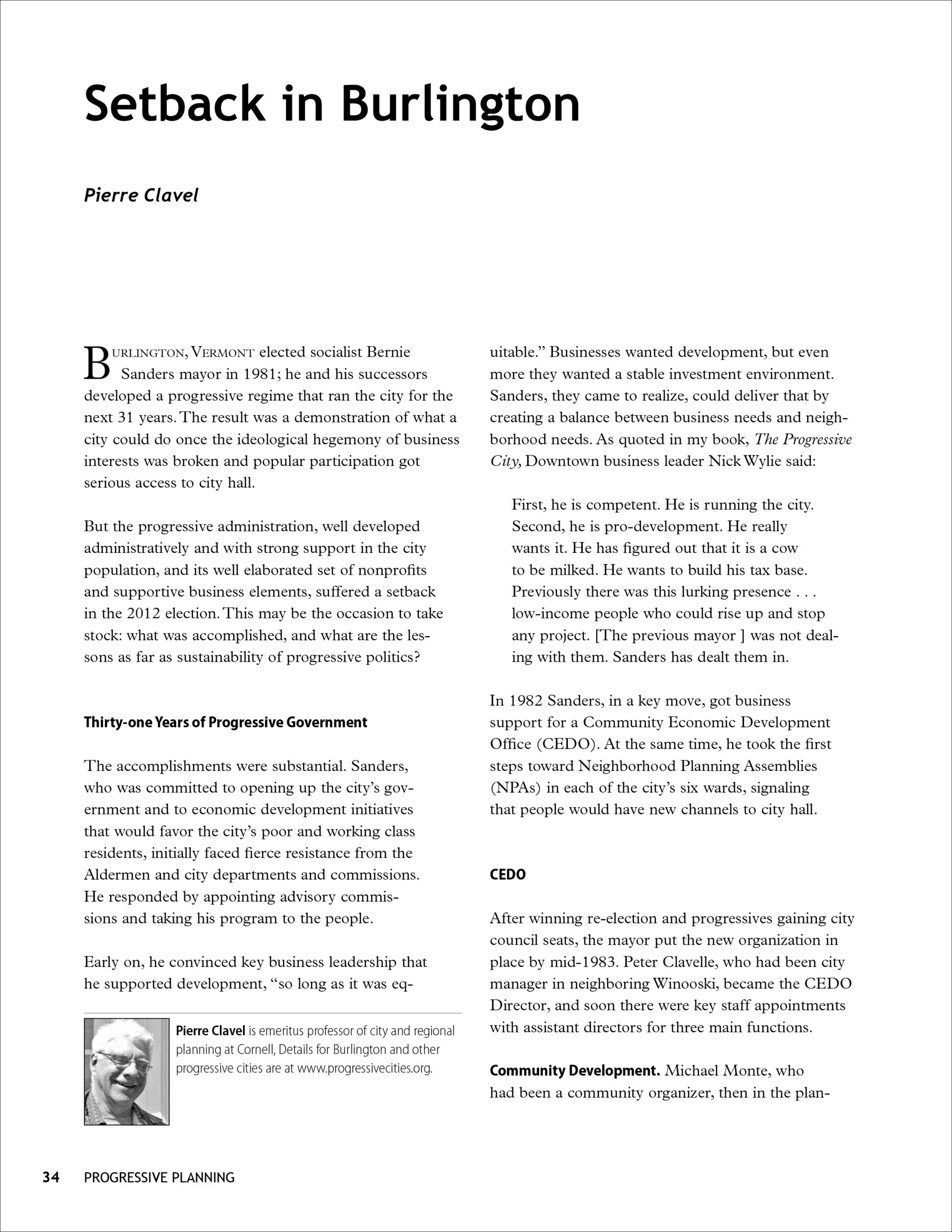 First page article 'Setback in Burlington'