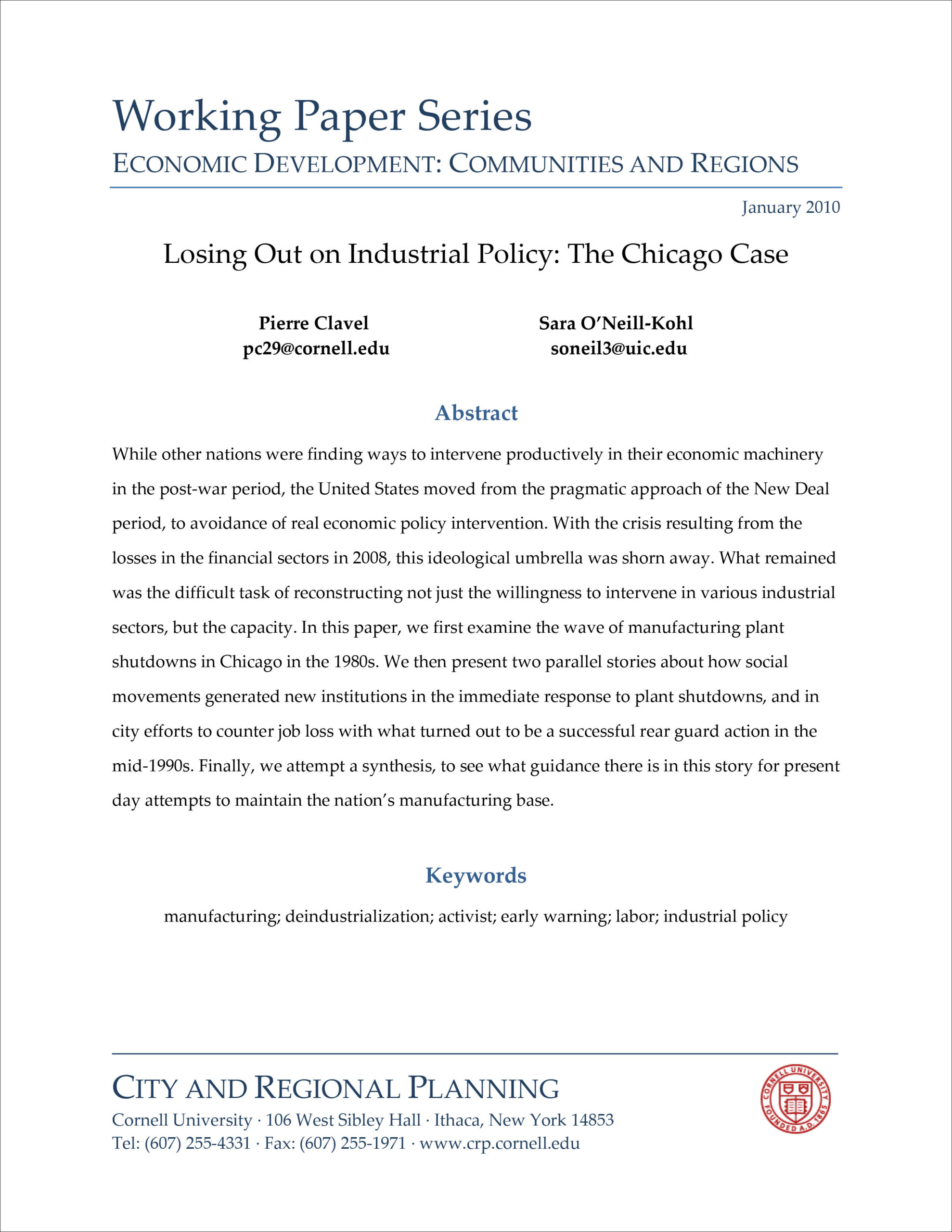 First page of scholarly article 'Losing Out on Industrial Policy: The Chicago Case'