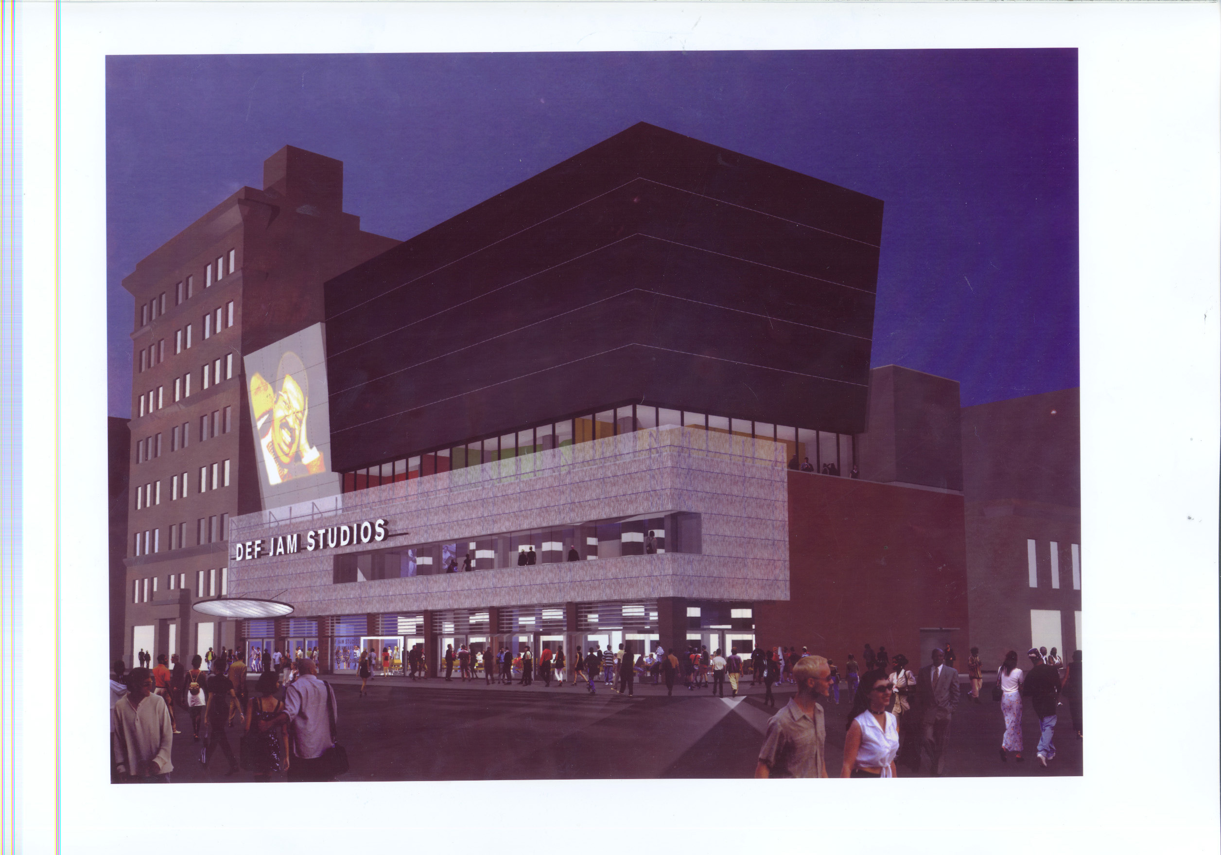 Rendering of a modern brown building with a screen on the front of the building and people walking around the building.