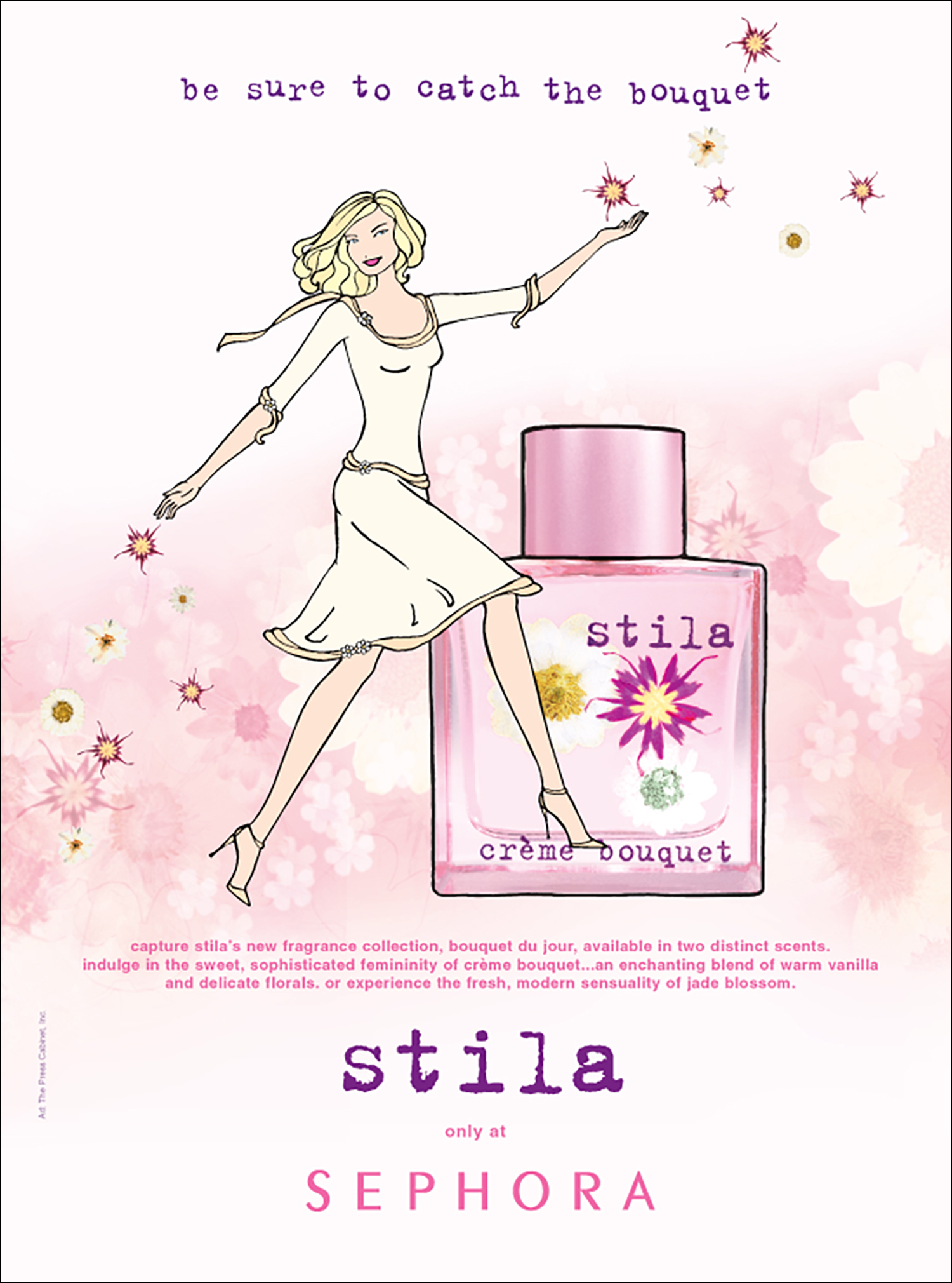 Illustrated advertisement of a blonde woman wearing a pale yellow dress, skipping in front of an overly large pink perfume bottle.