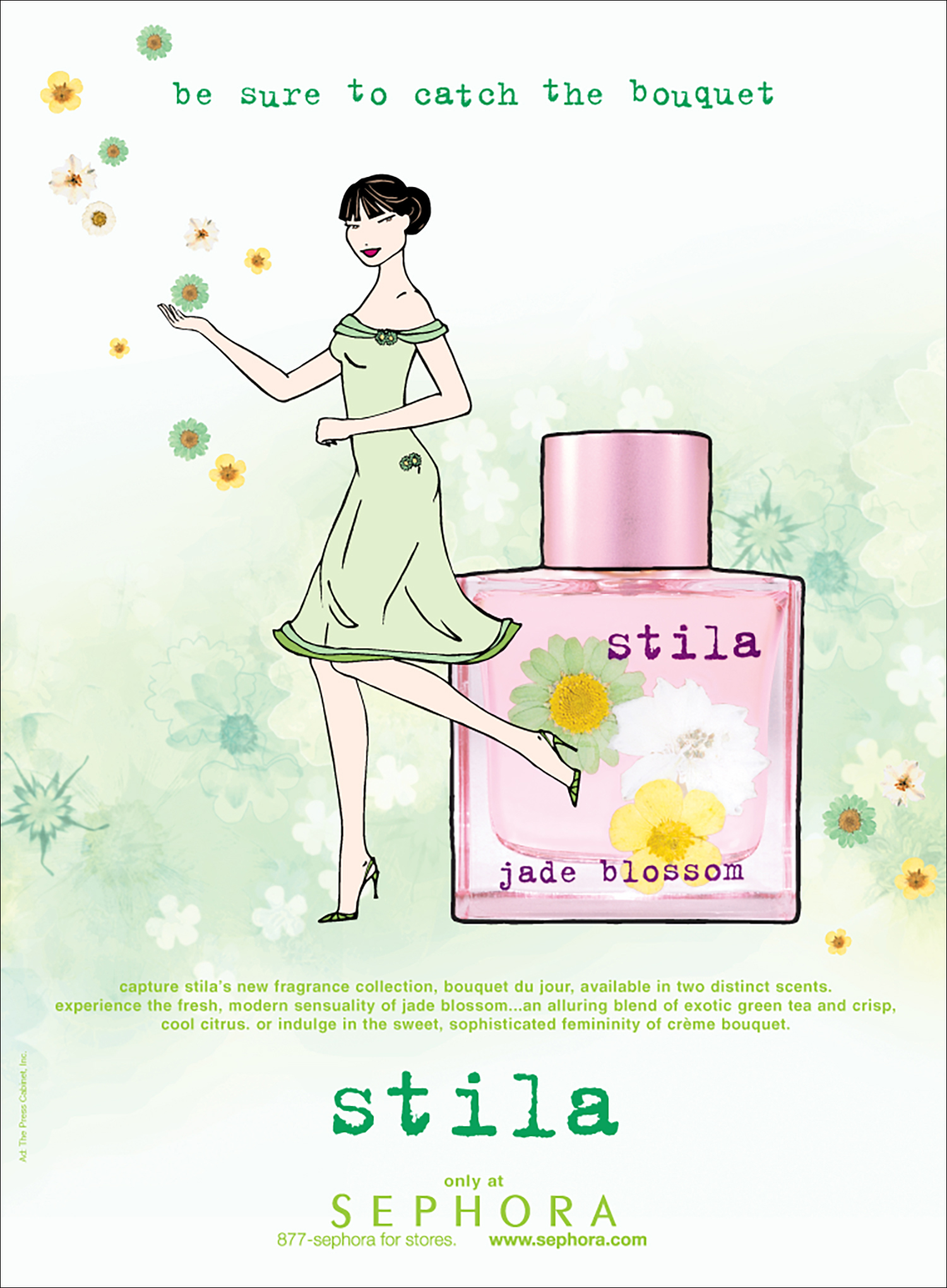An illustrated advertisement of a woman with brown hair styled in a bun, wearing a green off-the-shoulder dress, standing on one foot in front of an overly large pink perfume bottle.