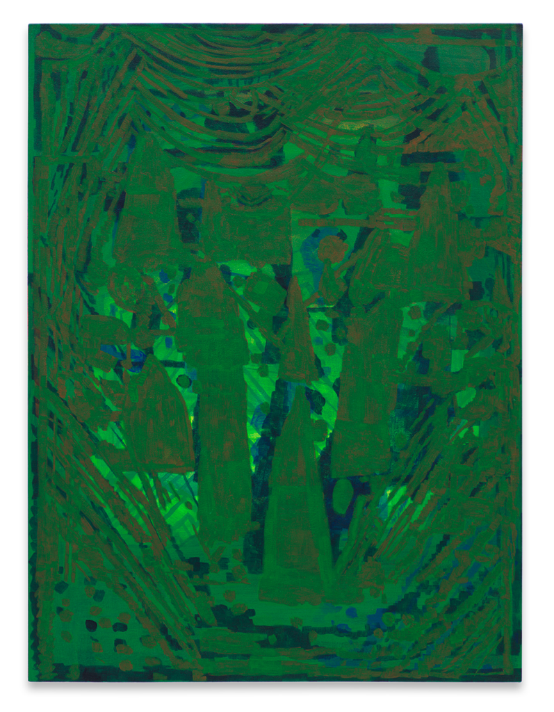 Painted blue and green shapes on canvas