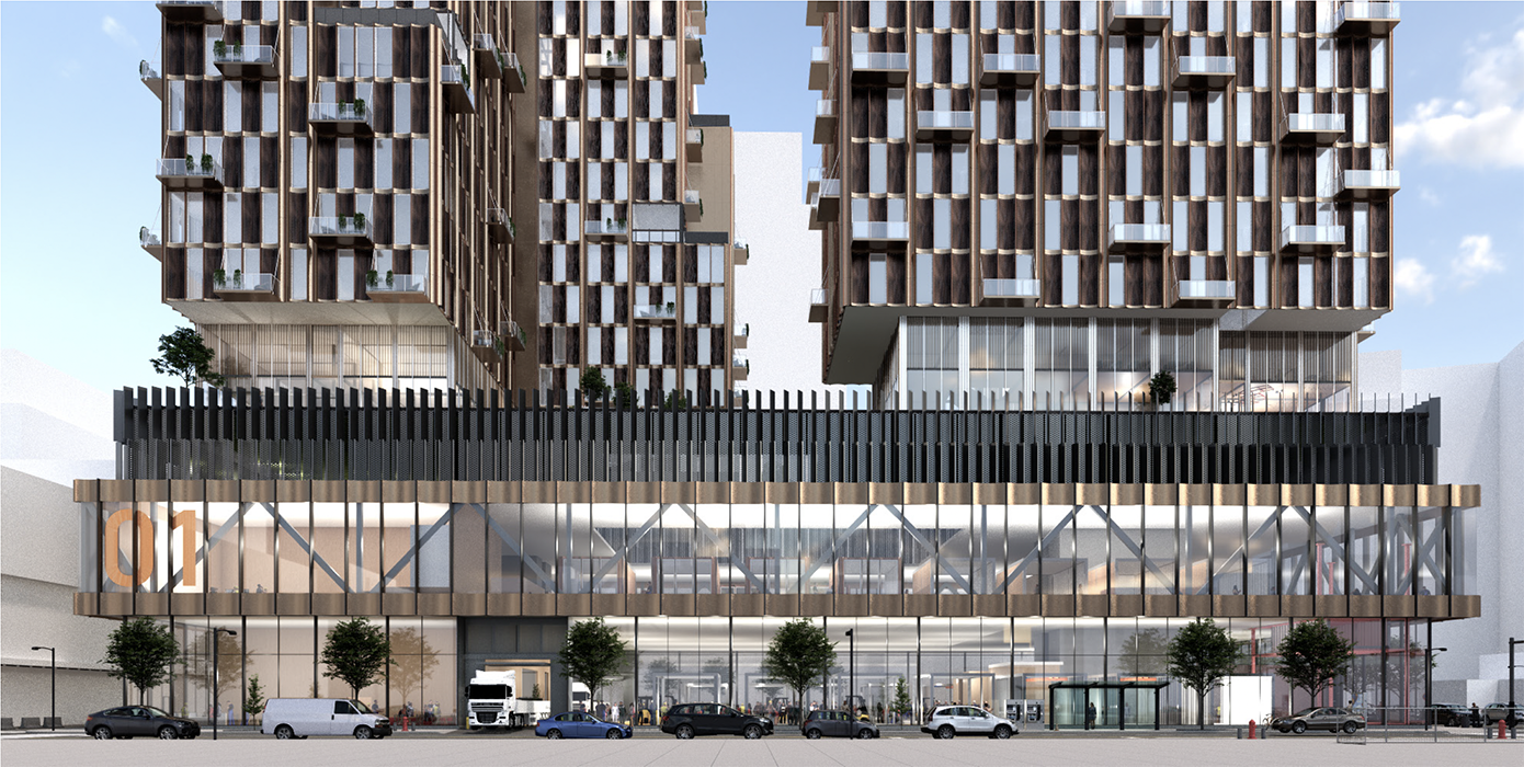 Front street view of large contemporary apartment complex