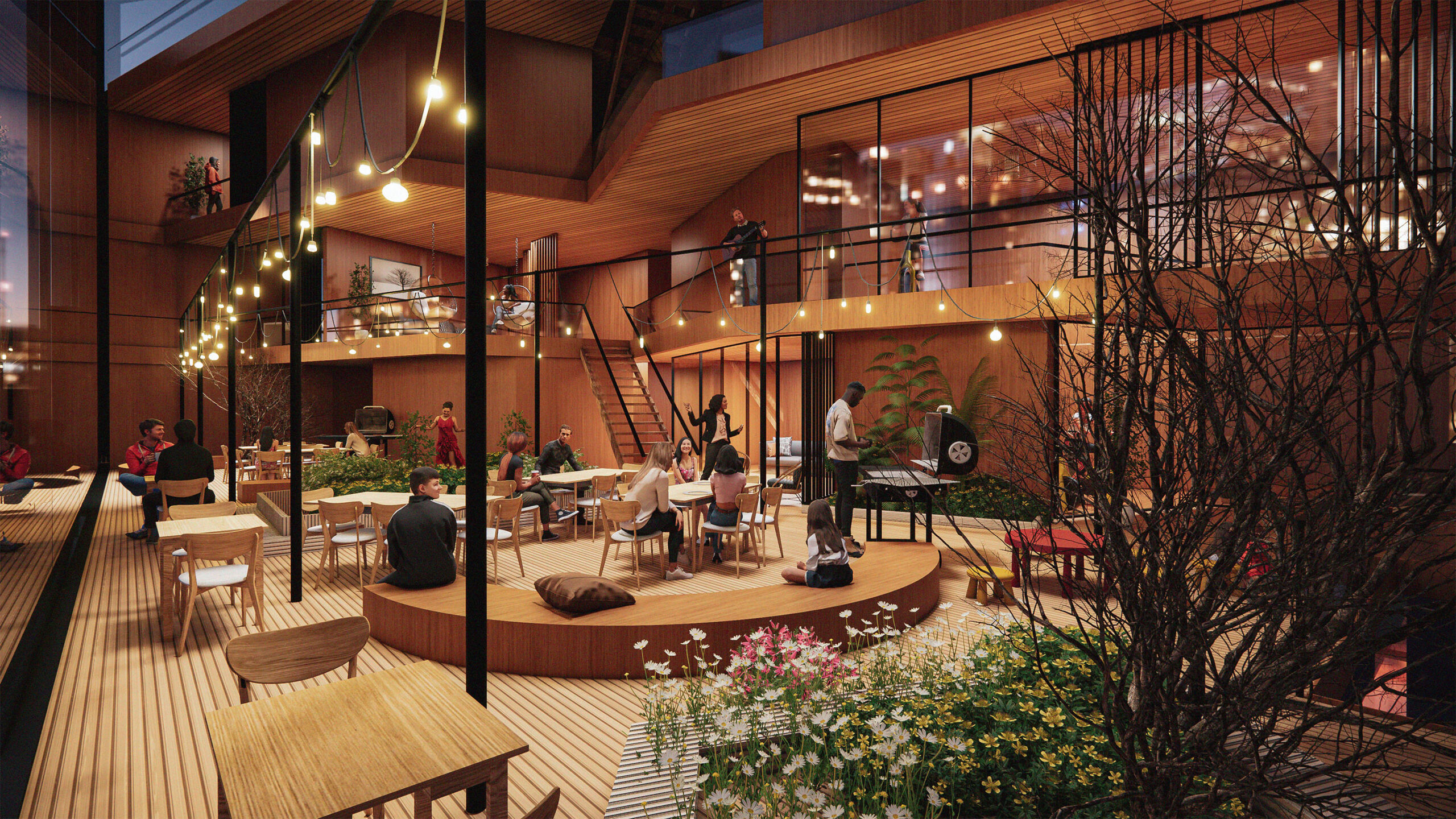 Urban courtyard with wooden paneling and decking