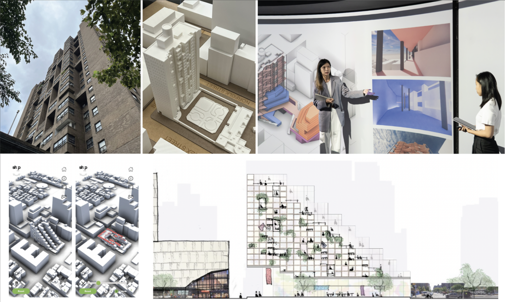 Collage of student posters, models, and presentation