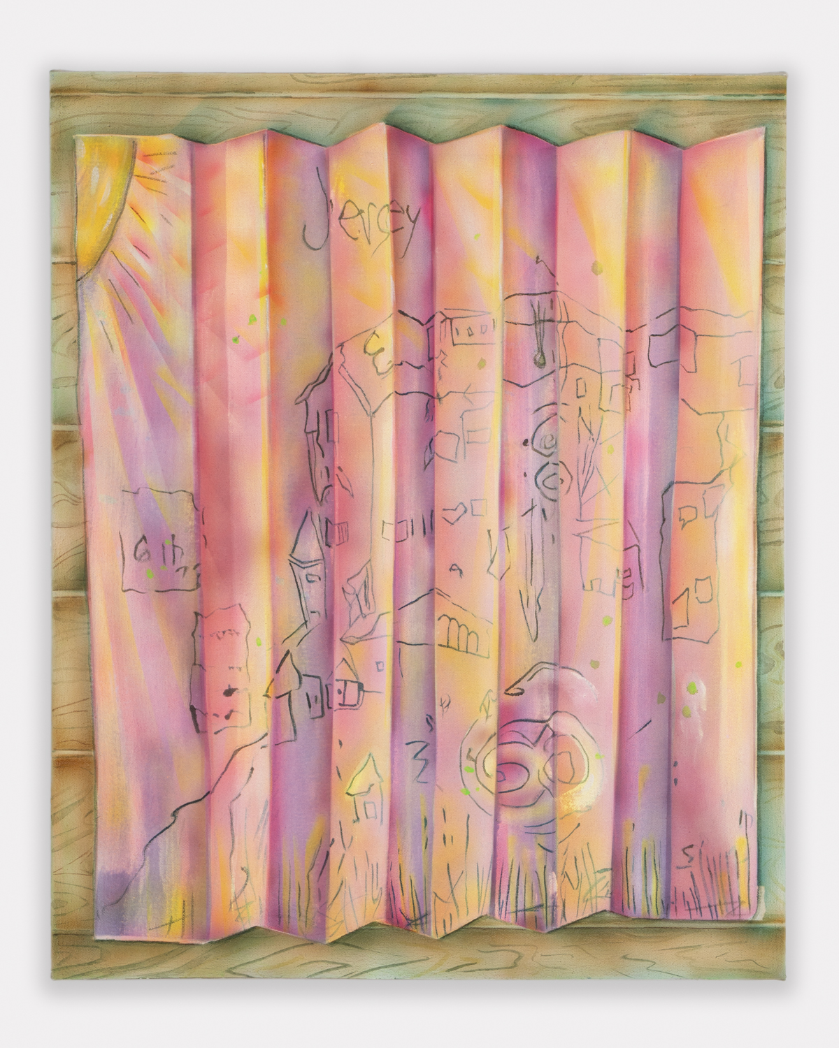 Aerial sketched map of a neighborhood overlaid with bright pink and orange tones