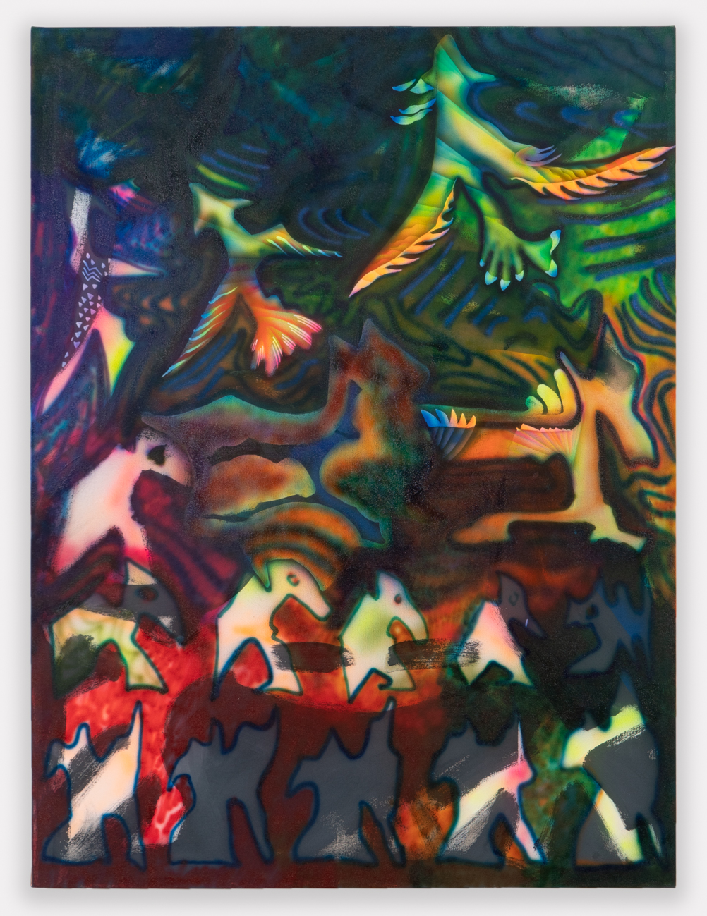 Silhouettes of animals surrounded by a brightly painted background.