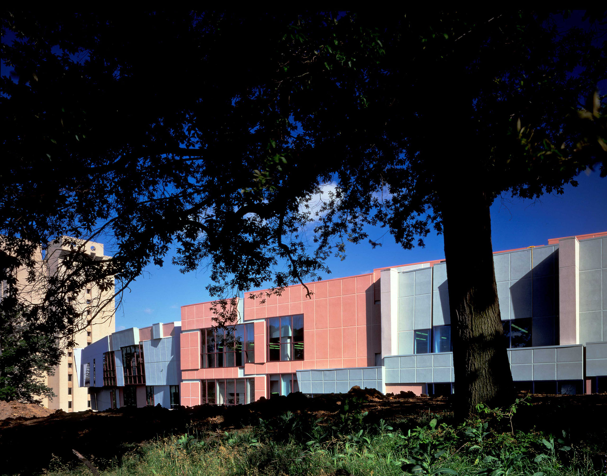 Photograph of a building exterior with sections colored blue or red.
