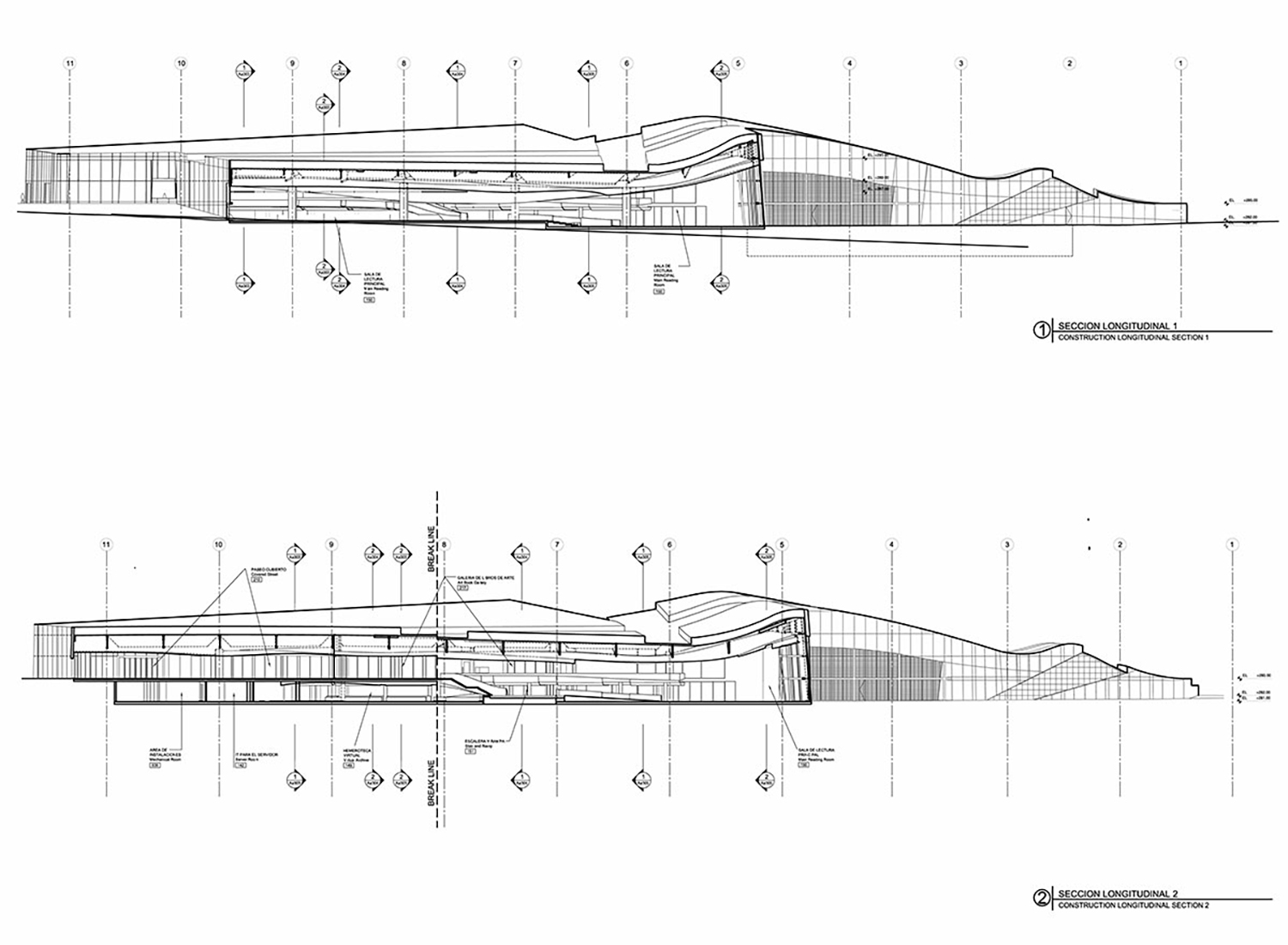 Drawings showing constructional longitude sections of a building.