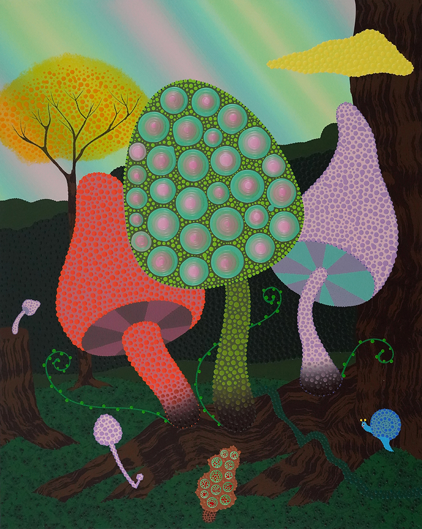 A woodland scene with three large mushrooms at the center. The left is a conical red mushroom, the center is a round green mushroom with large purple and green circles on it, the right is a conical purple mushroom. Several other small mushrooms, a snail, and the roots of a tree make up the surroundings, with a rainbow sky and yellow tree in the background.