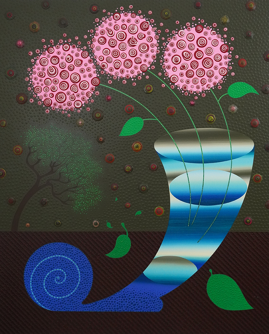 A blue cornucopia horn filled with water like a vase, with three spherical pink flowers on thin green stems rising out of it. A few leaves are falling from the flowers, and a bent tree and numerous circles of varying sizes make up the background.