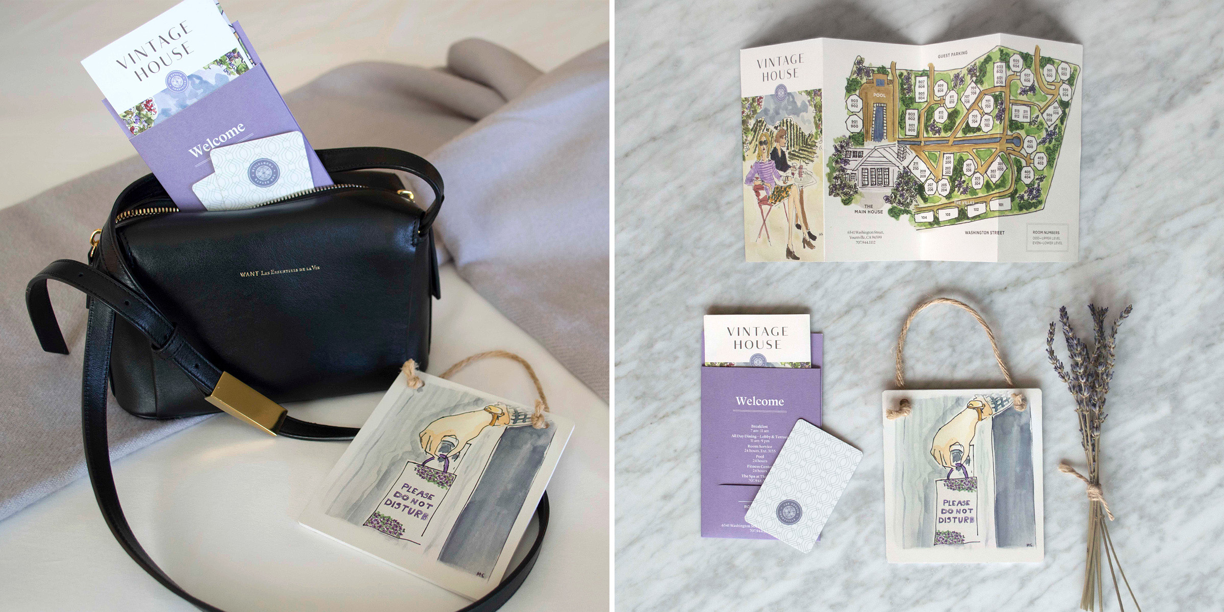 The first photo depicts an open black purse with pamphlets for Vintage House sticking out from the purse. The second photo depicts the pamphlets spread out on a marble tabletop