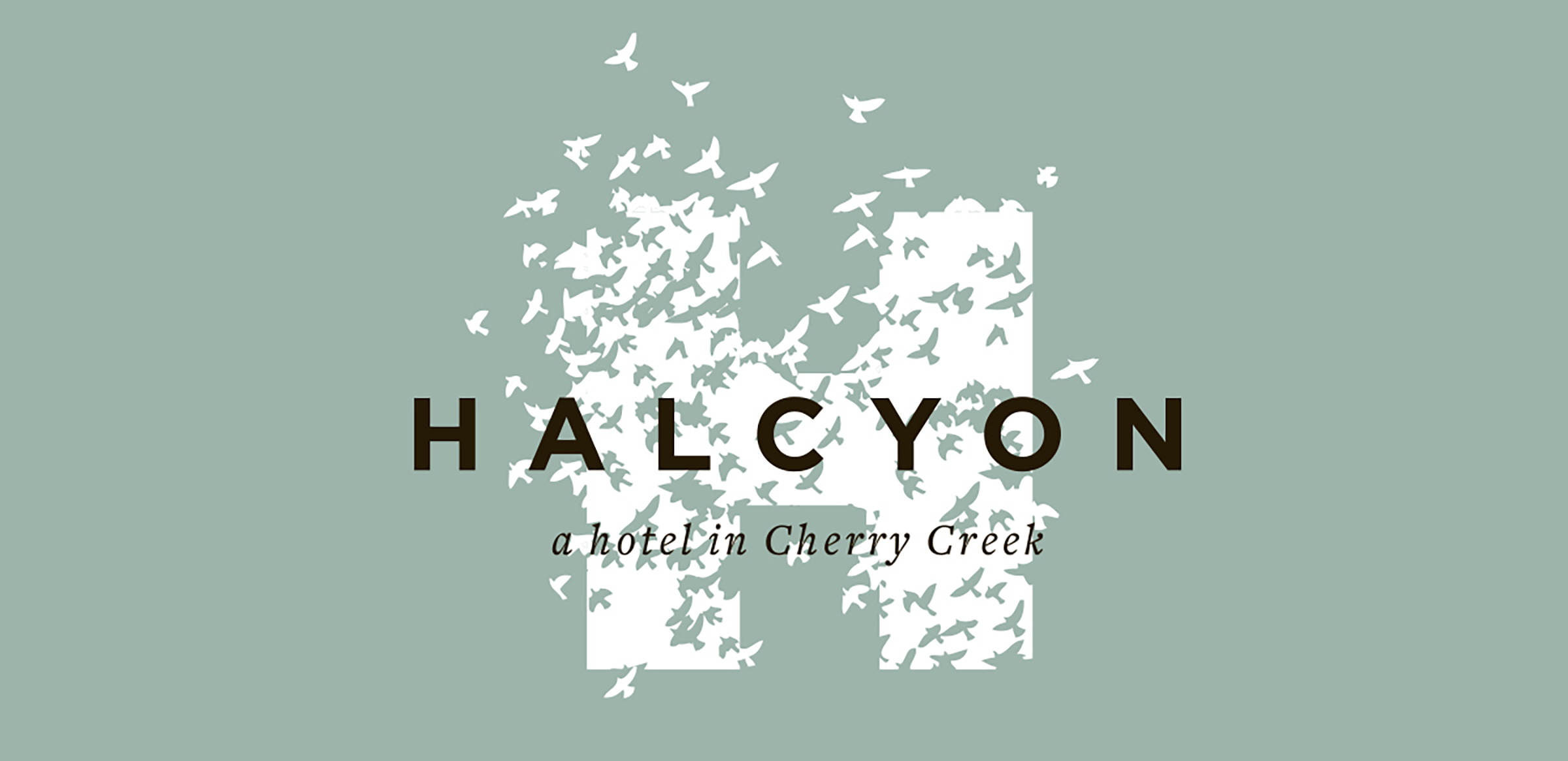 An ad depicts the words 'Halcyon a hotel in Cherry Creek' in black over a large, white letter H composed of white and green bird silhouettes, with a green background