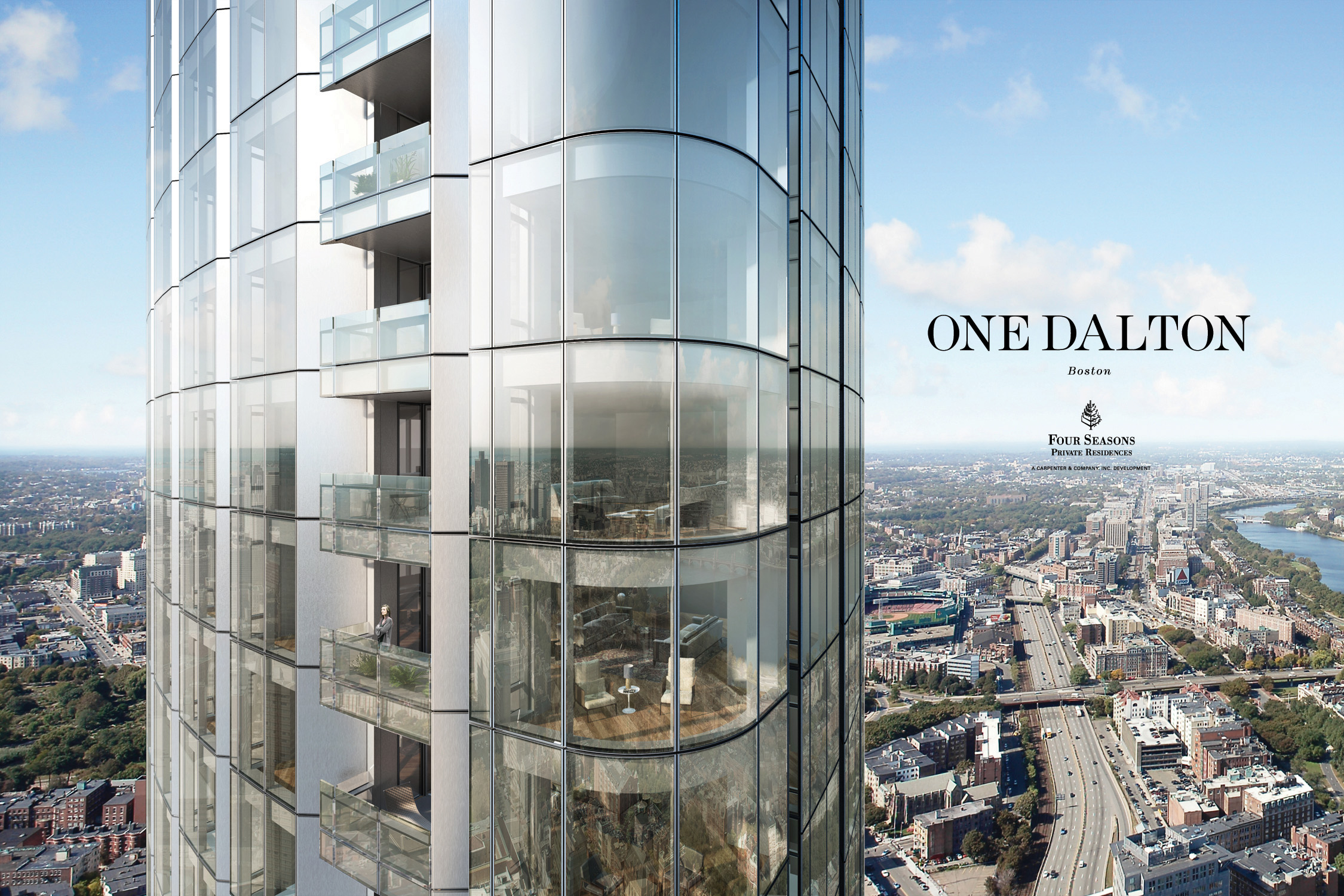 An ad for the One Dalton Boston hotel depicts a glass-walled skyscraper with balconies