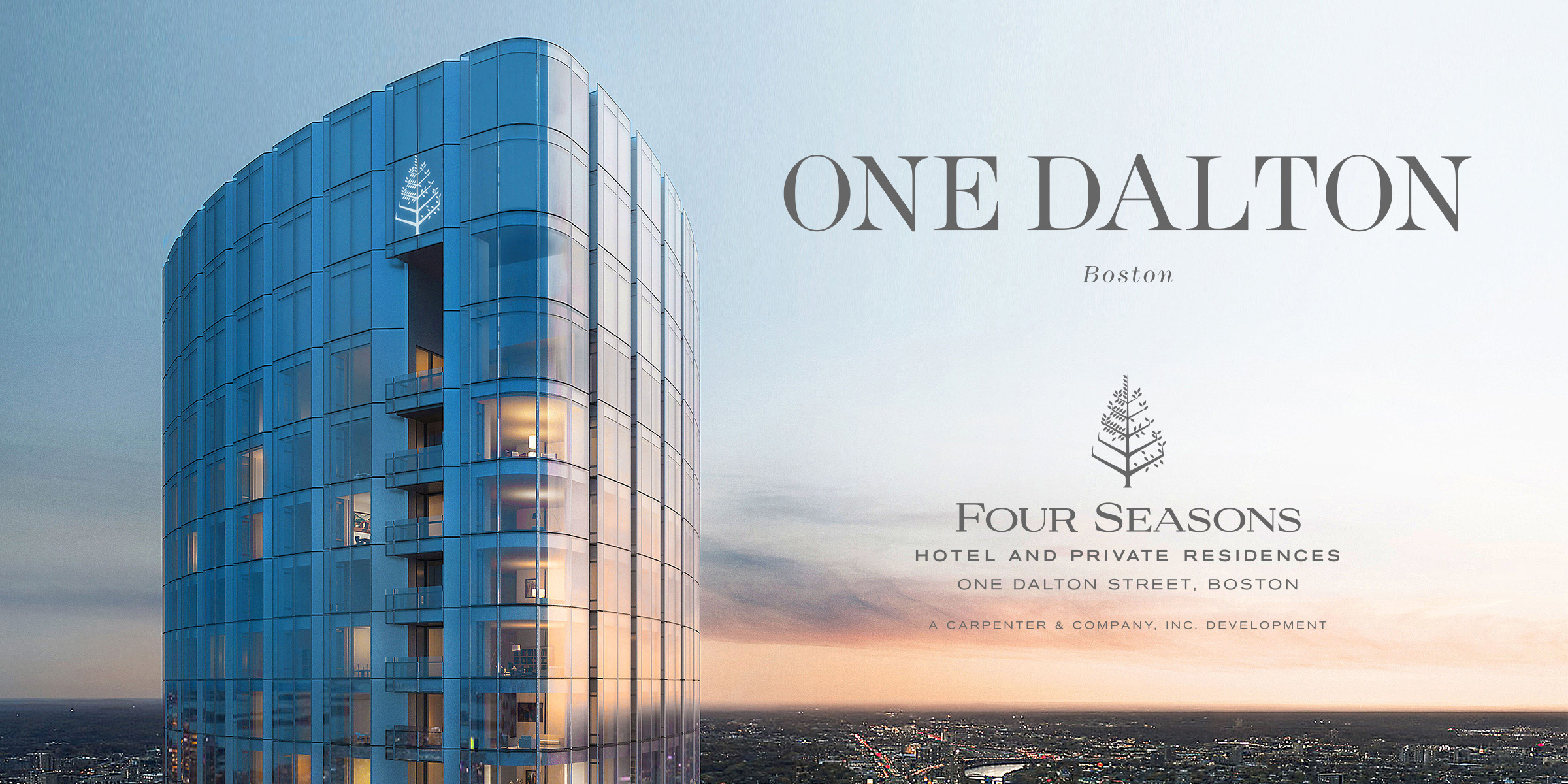 An ad for the One Dalton Boston hotel depicts a glass-walled skyscraper with balconies